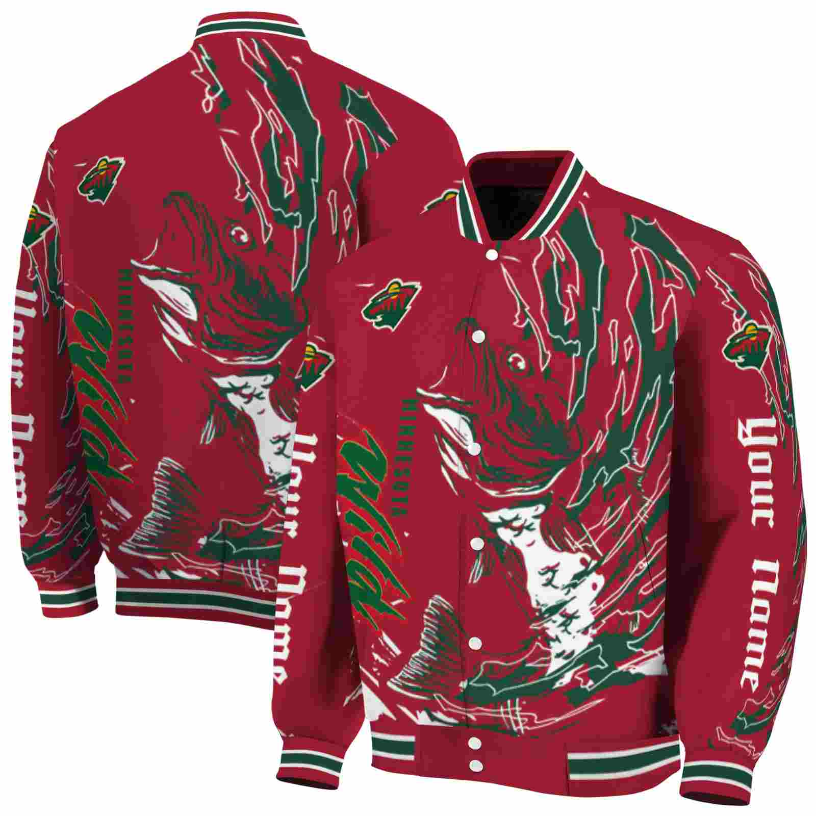 NHL Minnesota Wild Fishing Passion Red White Custom Baseball Jacket Sport Fans Gear