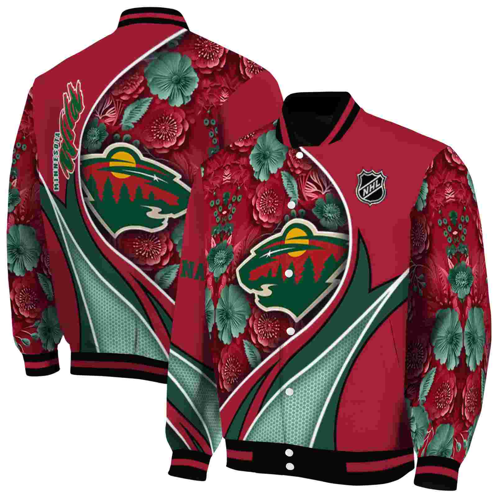 NHL Minnesota Wild Floral Print Red Custom Baseball Jacket Sport Fans Gear