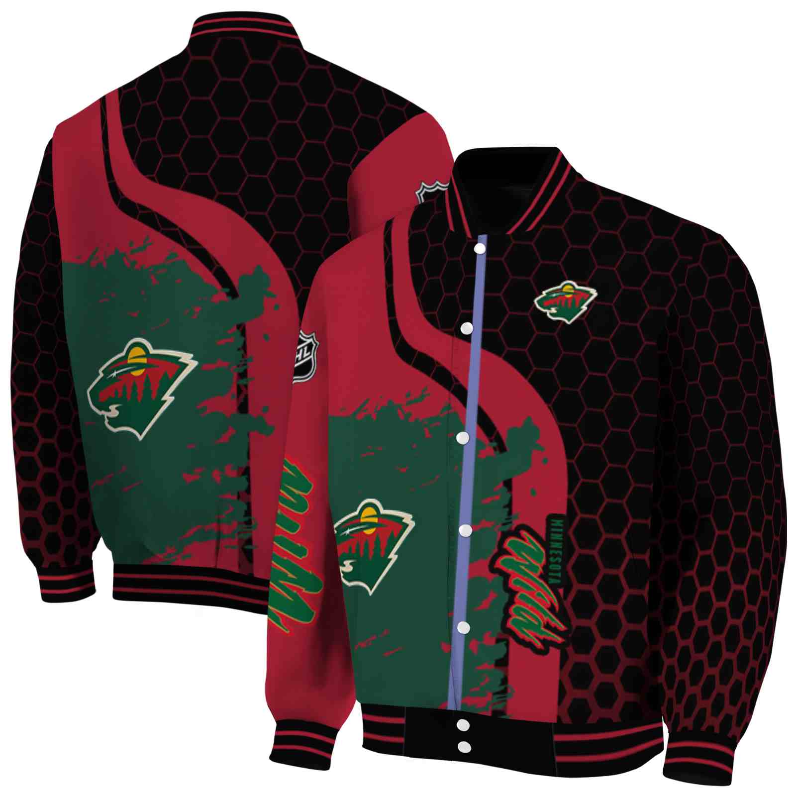 NHL Minnesota Wild Hexagonal Pattern Red Black Custom Baseball Jacket Sport Fans Gear