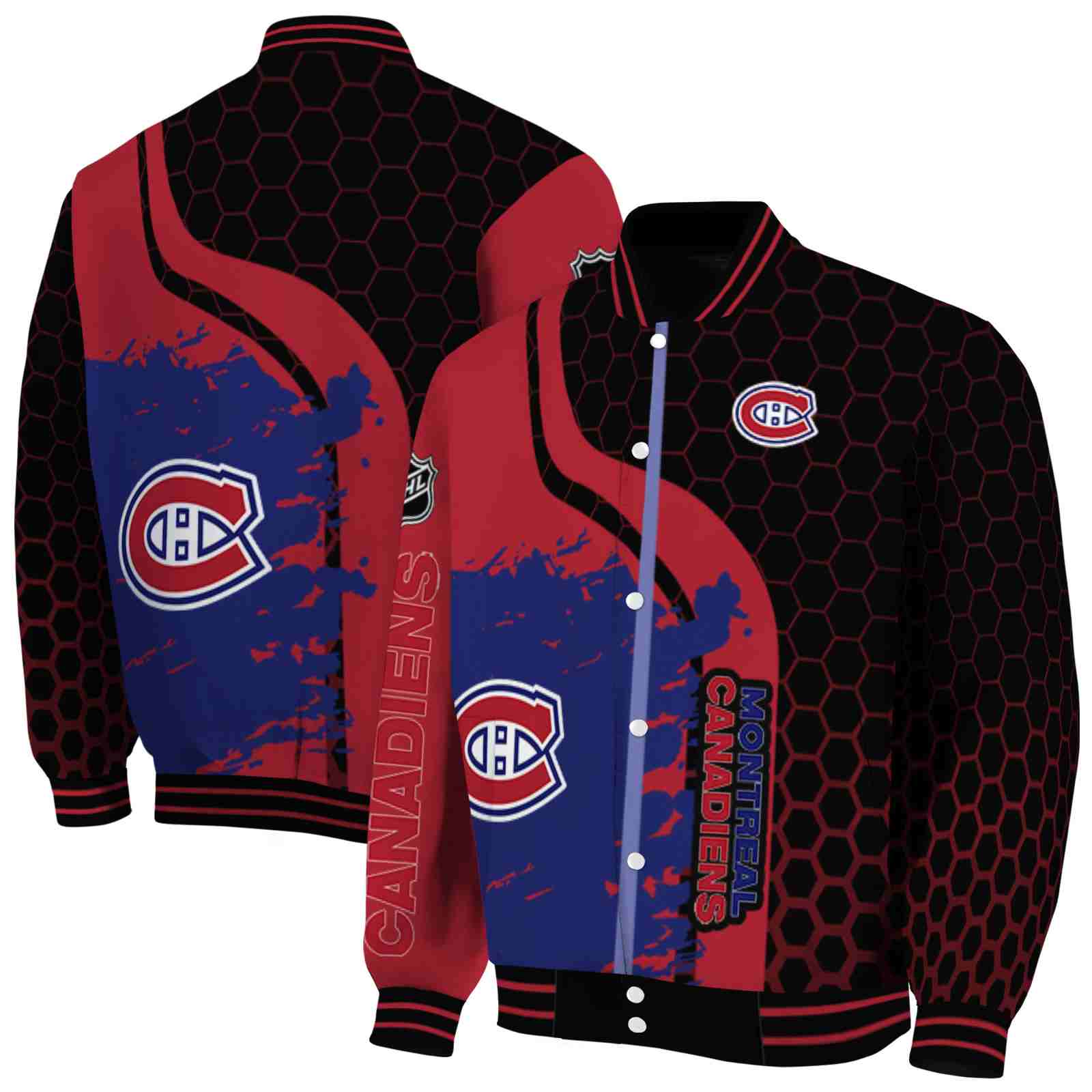 NHL Montreal Canadiens Hexagonal Pattern Red Black Custom Baseball Jacket Sport Fans Gear