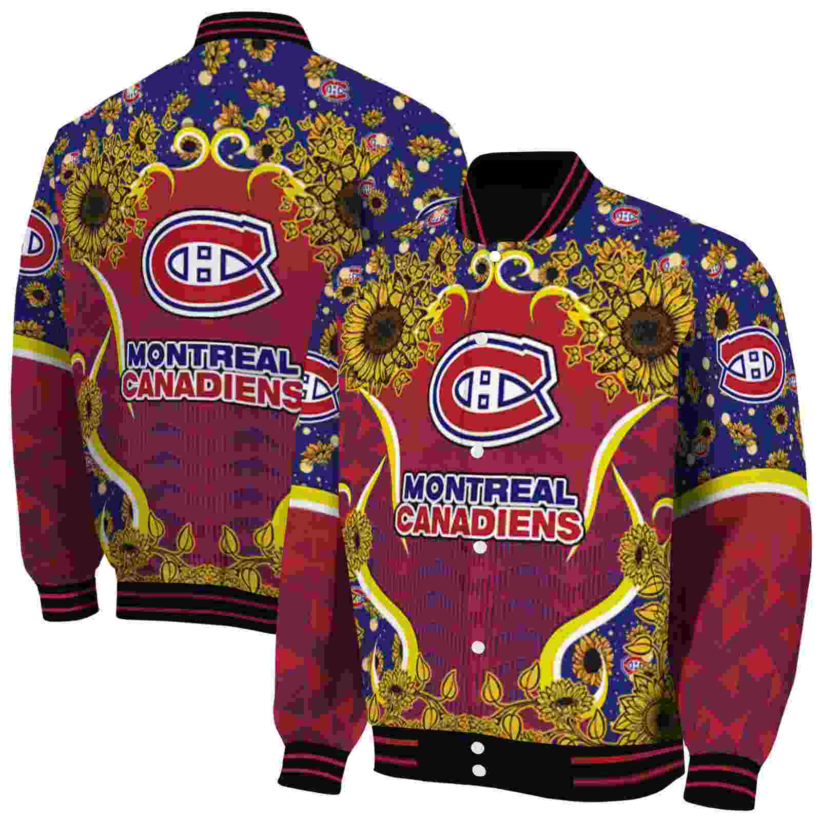 NHL Montreal Canadiens SuNFL ower Bloom Red Yellow Custom Baseball Jacket Sport Fans Gear