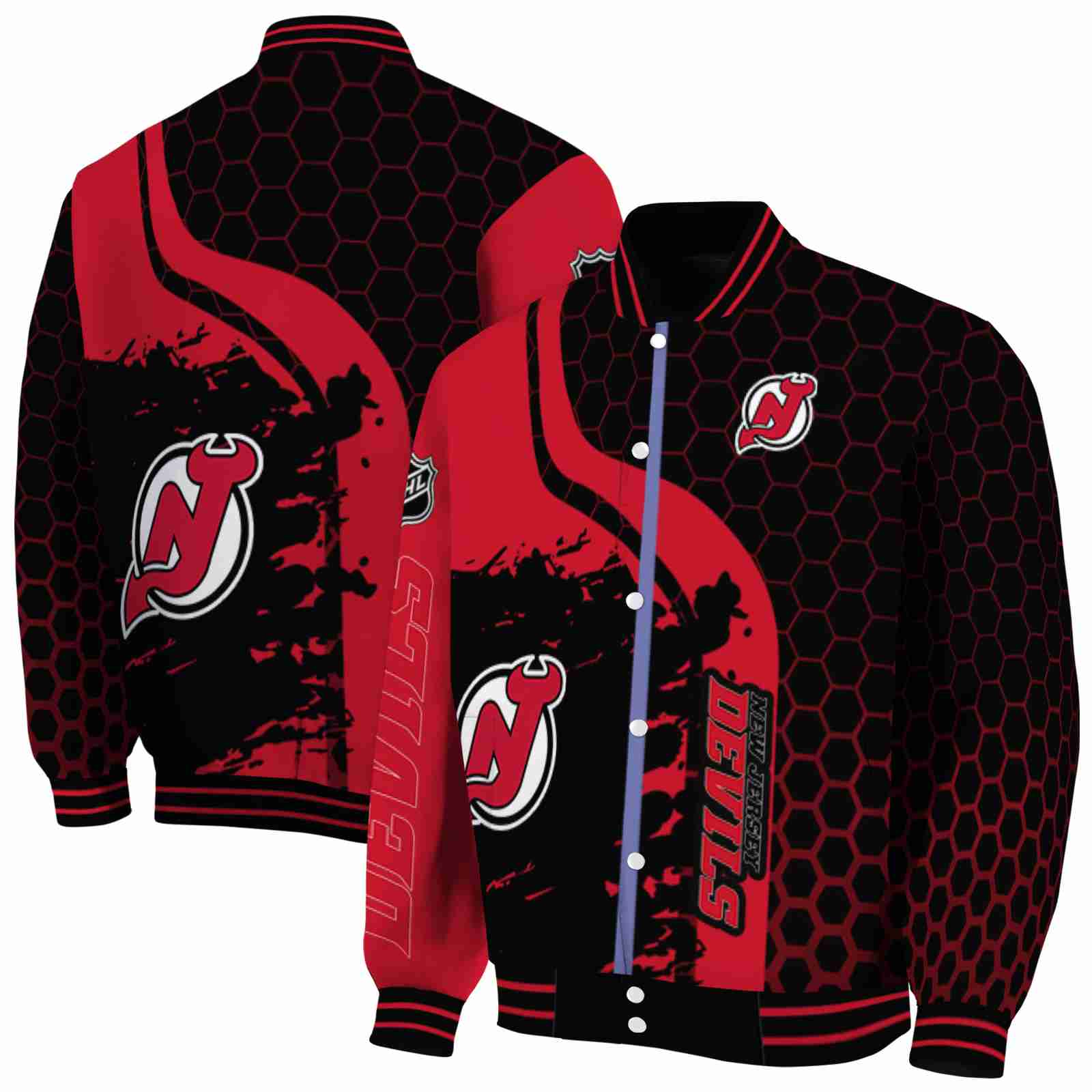 NHL New Jersey Devils Hexagonal Pattern Red Black Custom Baseball Jacket Sport Fans Gear
