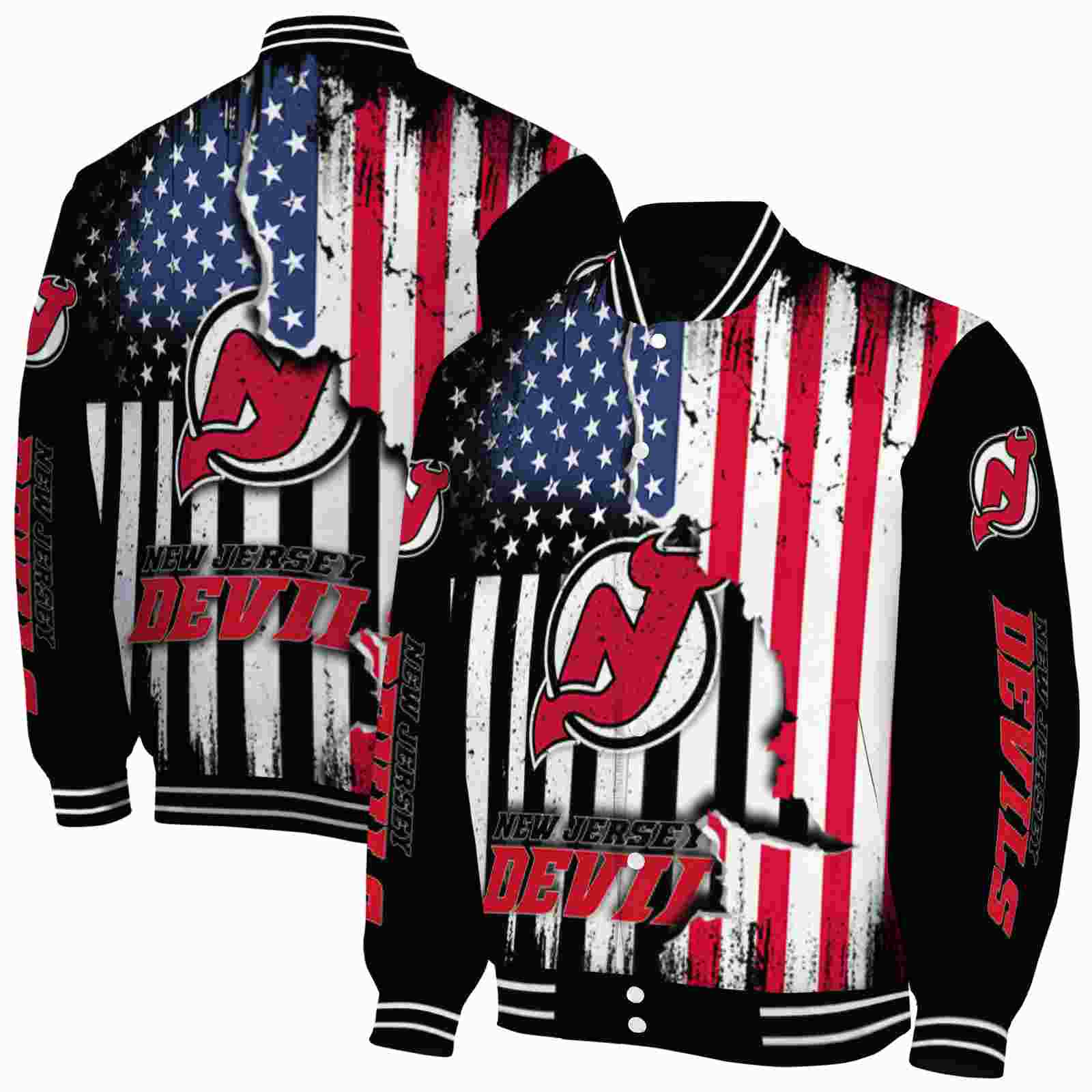 NHL New Jersey Devils Patriotic Theme Black Custom Baseball Jacket Sport Fans Gear