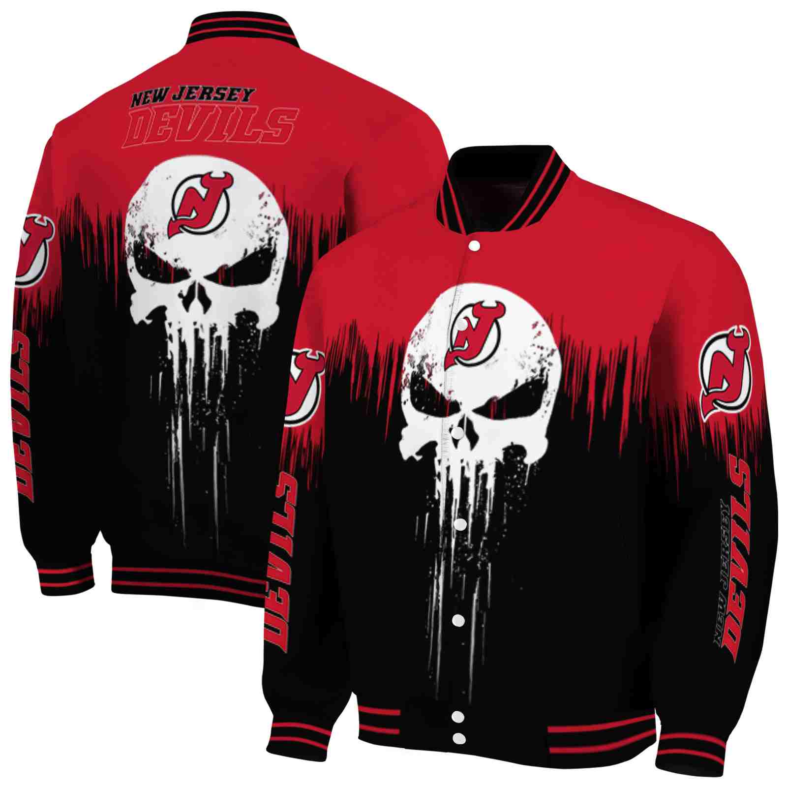 NHL New Jersey Devils Punisher Skull Red Black White Custom Baseball Jacket Sport Fans Gear