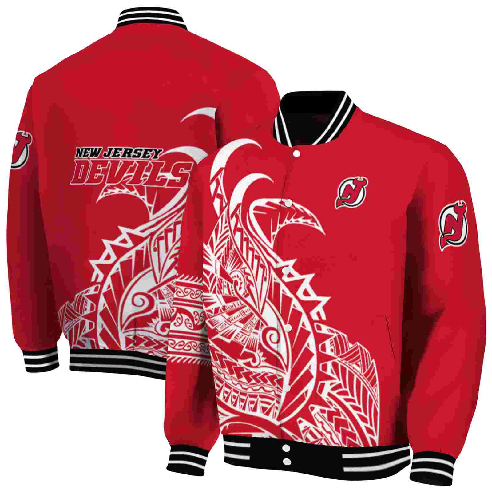 NHL New Jersey Devils Tribal Art Red White Black Custom Baseball Jacket Sport Fans Gear