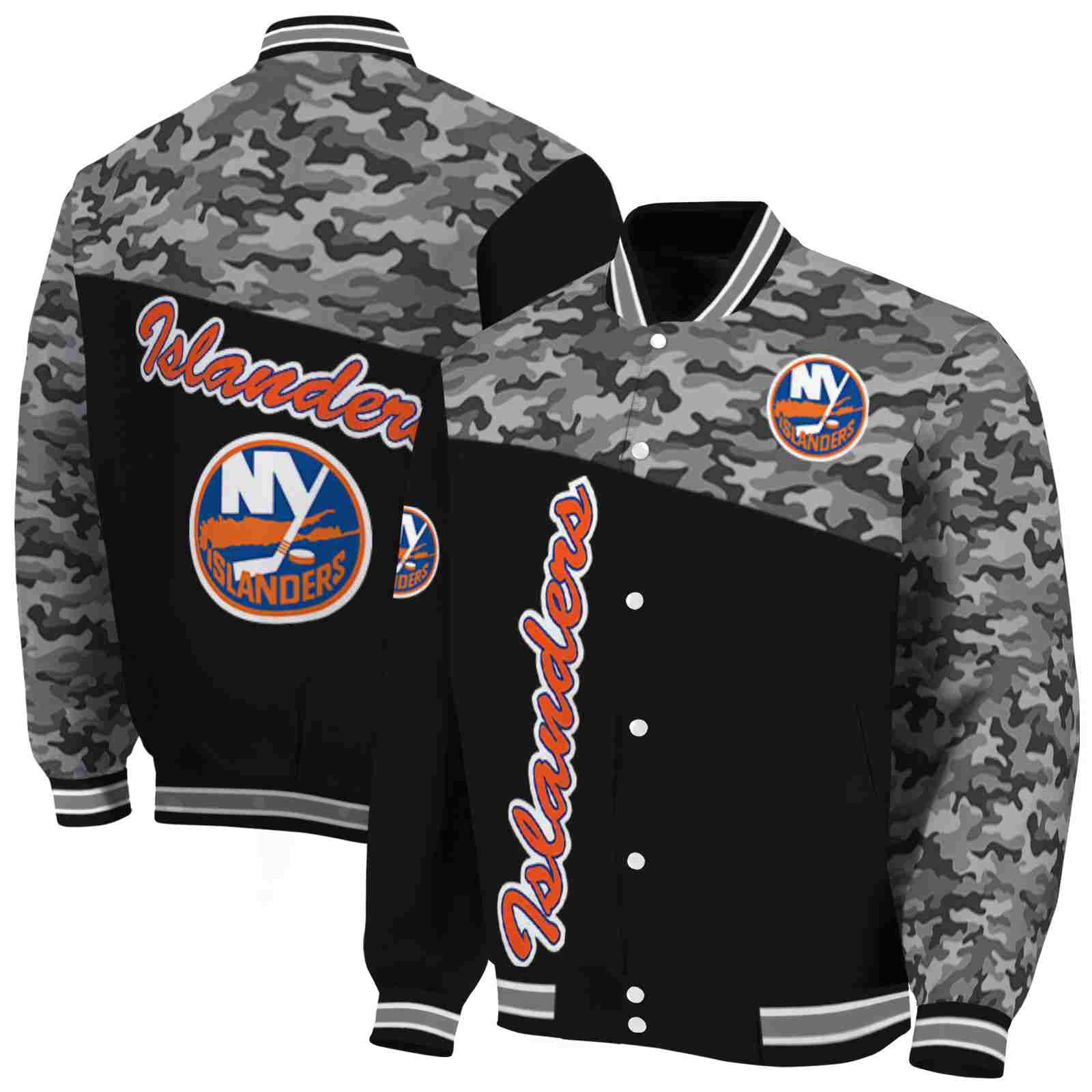 NHL New York Islanders Camo Patchwork Black Custom Baseball Jacket Sport Fans Gear