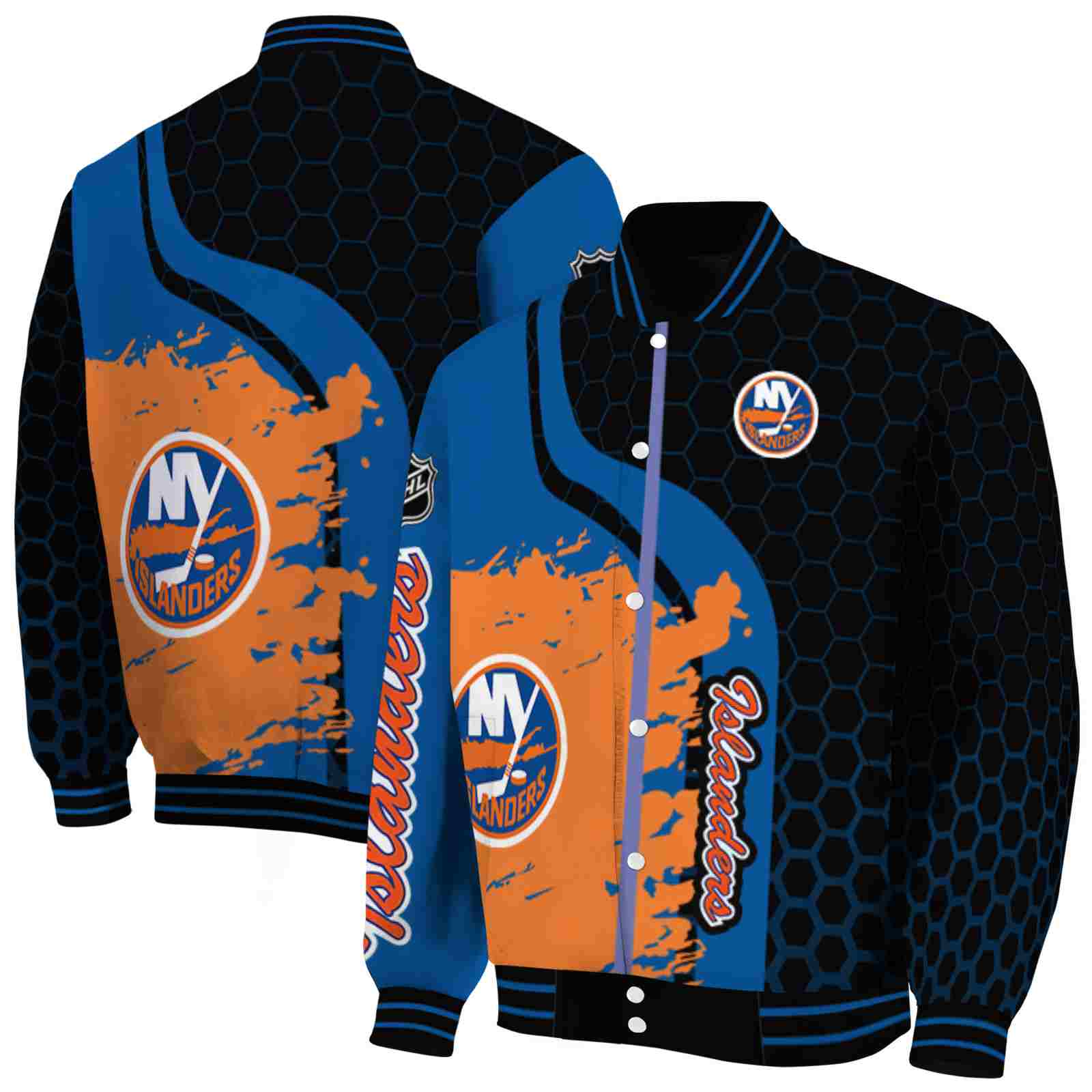 NHL New York Islanders Hexagonal Pattern Blue Black Custom Baseball Jacket Sport Fans Gear
