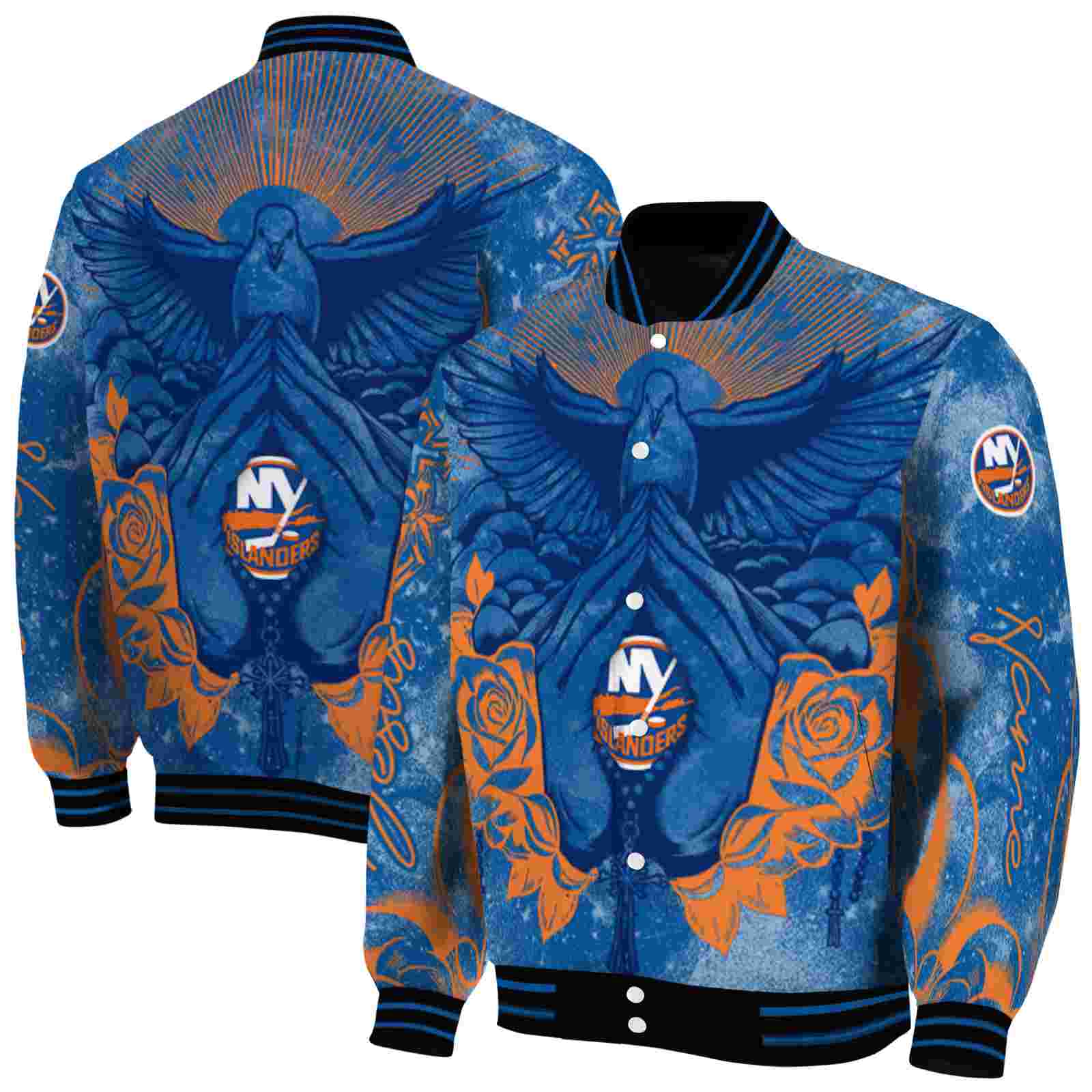 NHL New York Islanders Praying Hands Blue Custom Baseball Jacket Sport Fans Gear