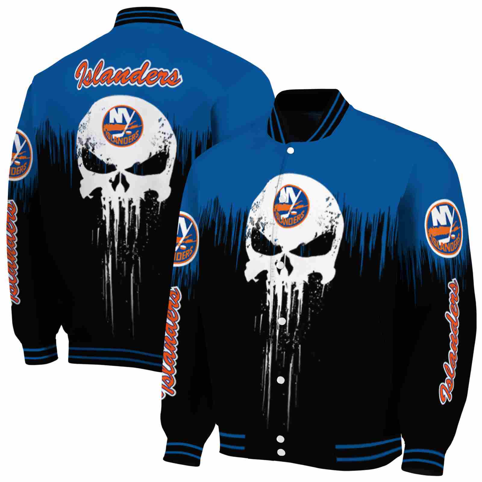 NHL New York Islanders Punisher Skull Blue Black White Custom Baseball Jacket Sport Fans Gear