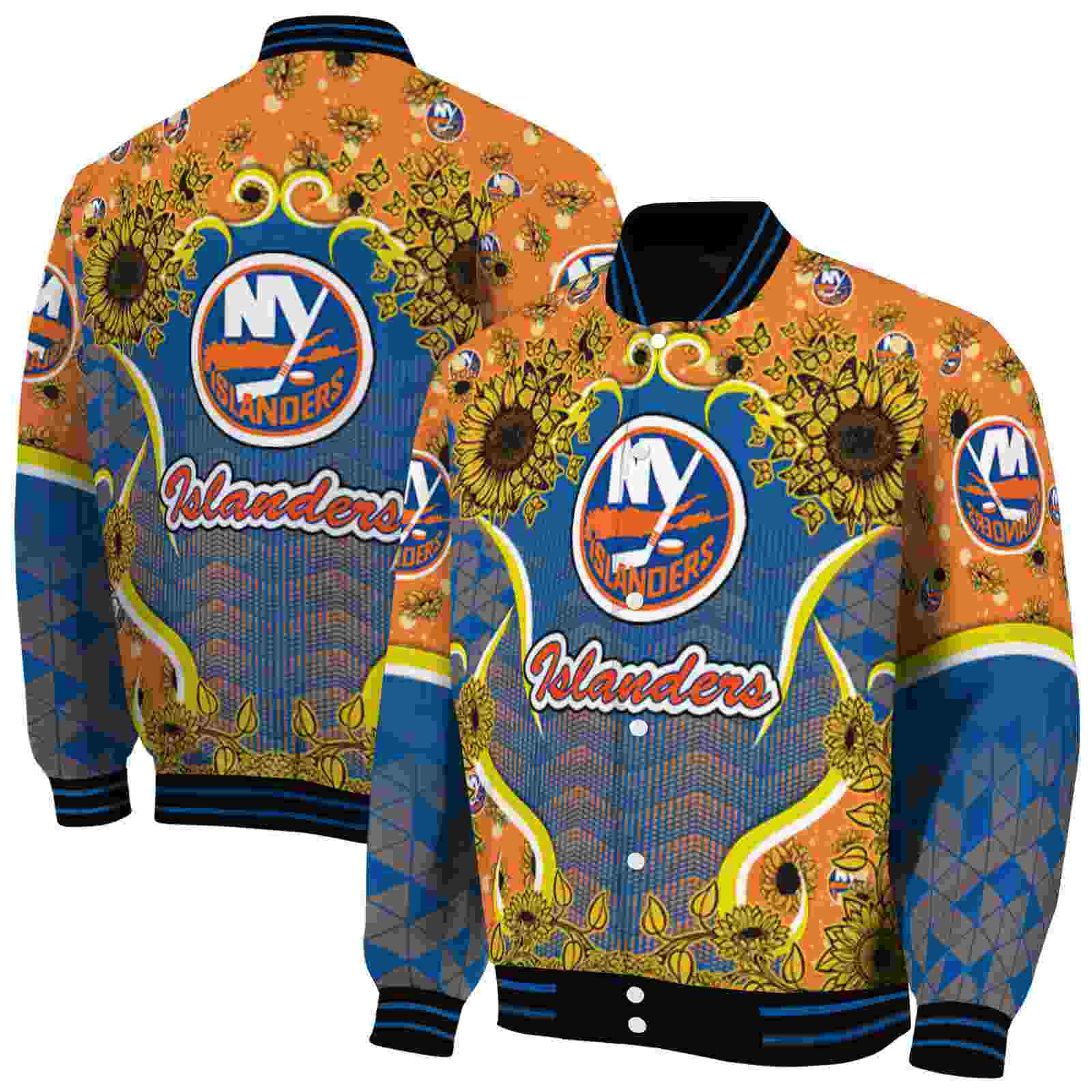 NHL New York Islanders SuNFL ower Bloom Blue Yellow Custom Baseball Jacket Sport Fans Gear