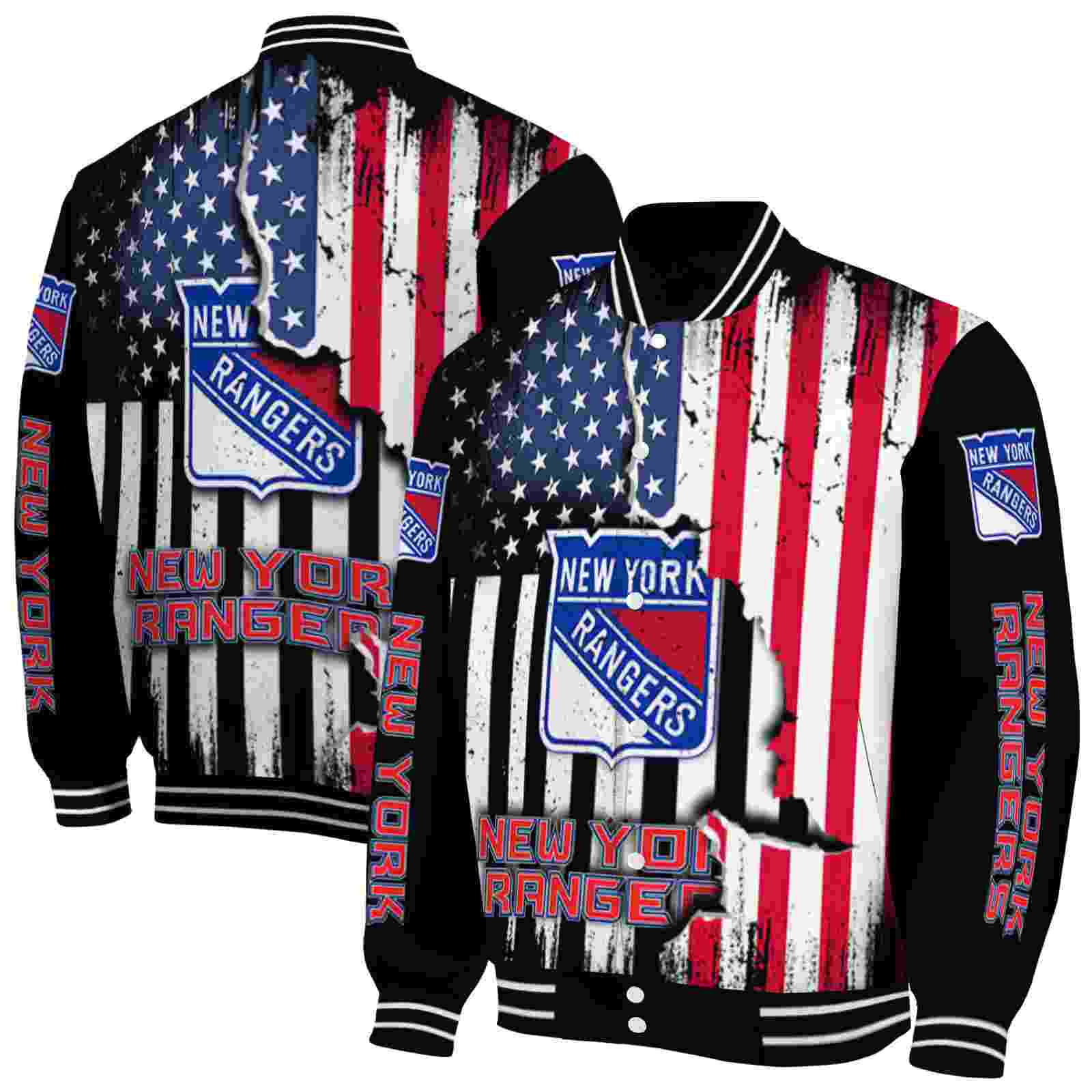 NHL New York Rangers Patriotic Theme Black Custom Baseball Jacket Sport Fans Gear