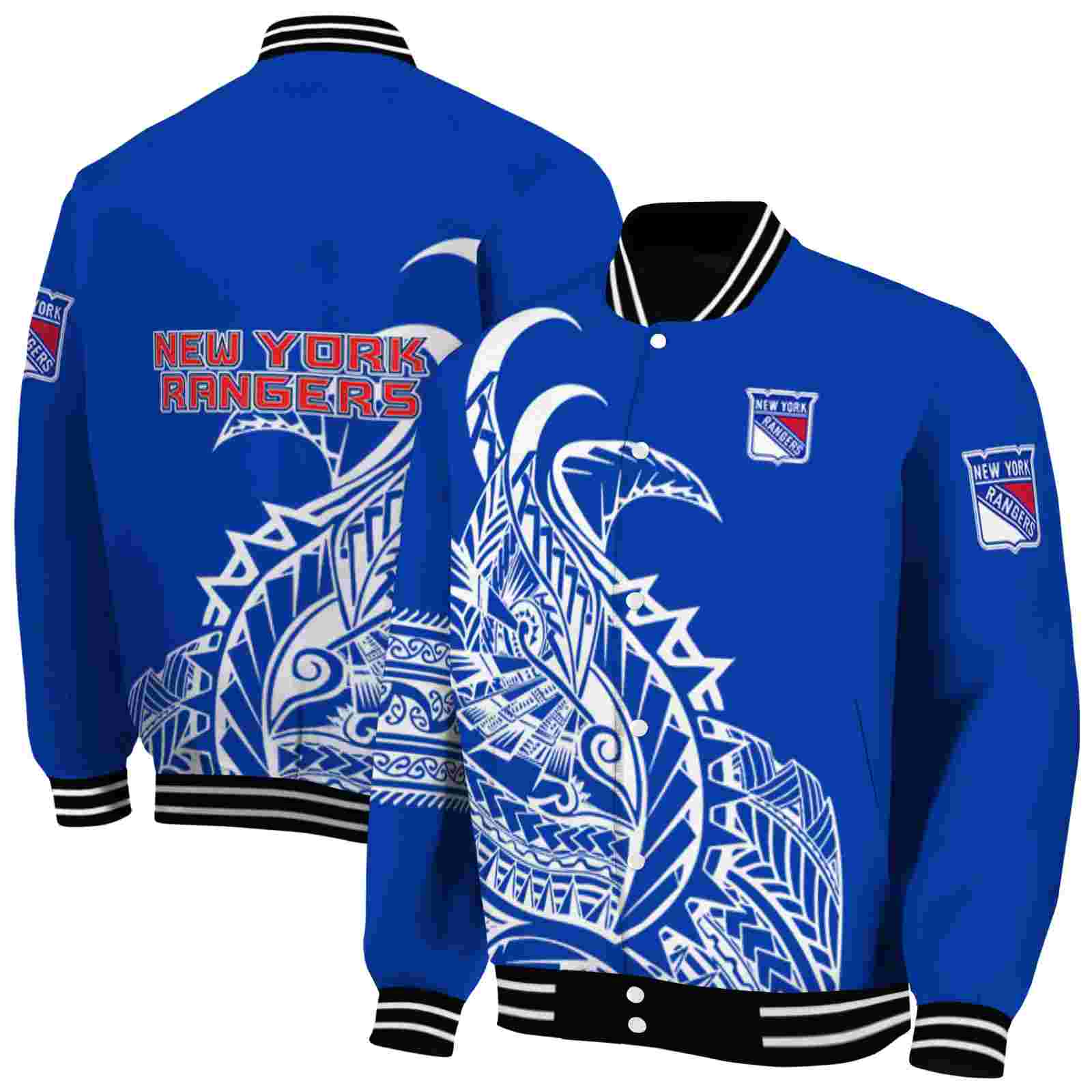NHL New York Rangers Tribal Art Blue White Black Custom Baseball Jacket Sport Fans Gear