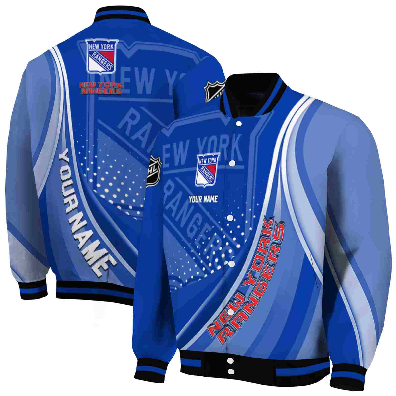 NHL New York Rangers Wave Patterns Blue Custom Baseball Jacket Sport Fans Gear