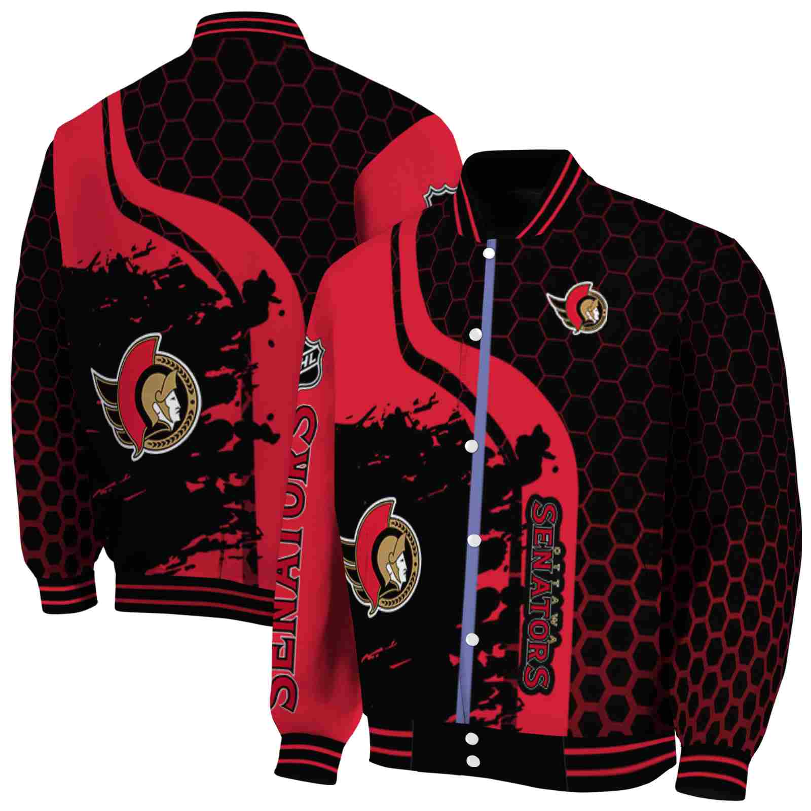 NHL Ottawa Senators Hexagonal Pattern Red Black Custom Baseball Jacket Sport Fans Gear