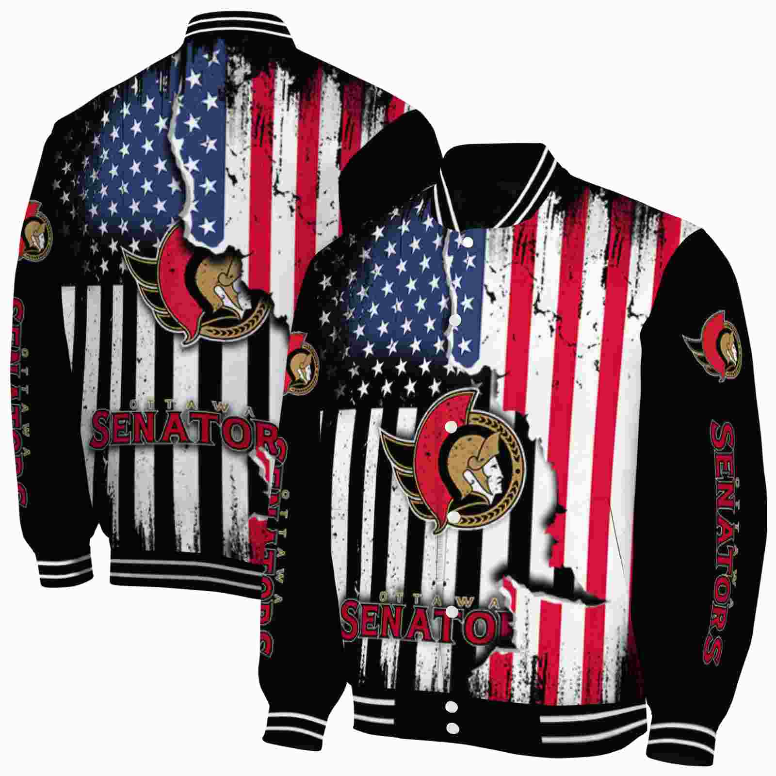 NHL Ottawa Senators Patriotic Theme Black Custom Baseball Jacket Sport Fans Gear