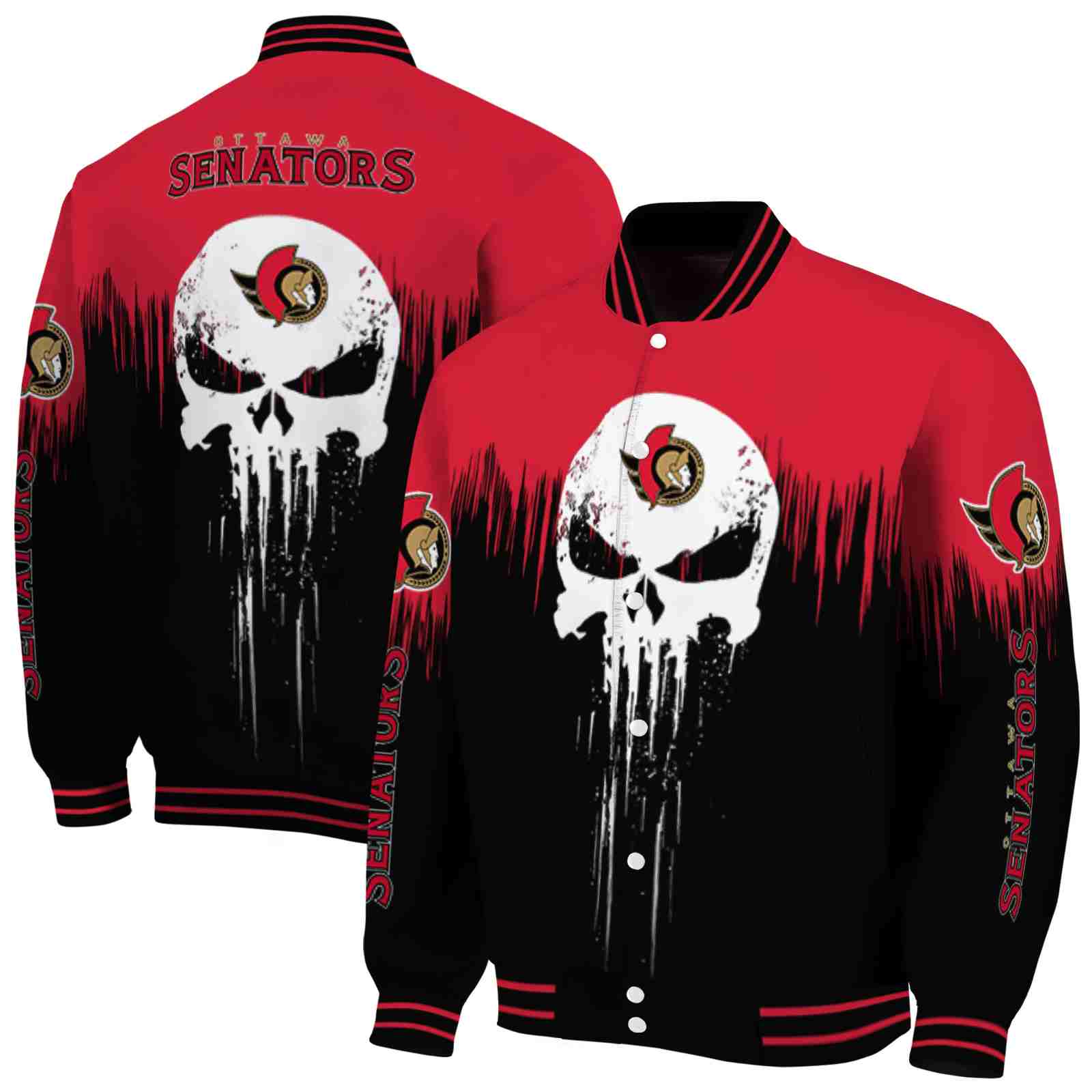 NHL Ottawa Senators Punisher Skull Red Black White Custom Baseball Jacket Sport Fans Gear