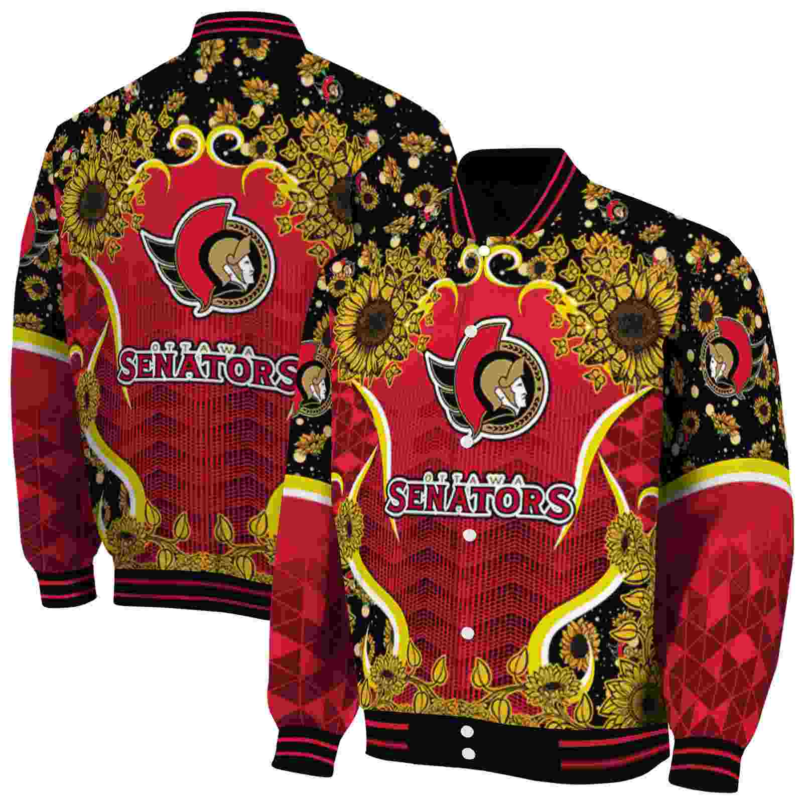 NHL Ottawa Senators SuNFL ower Bloom Red Yellow Custom Baseball Jacket Sport Fans Gear
