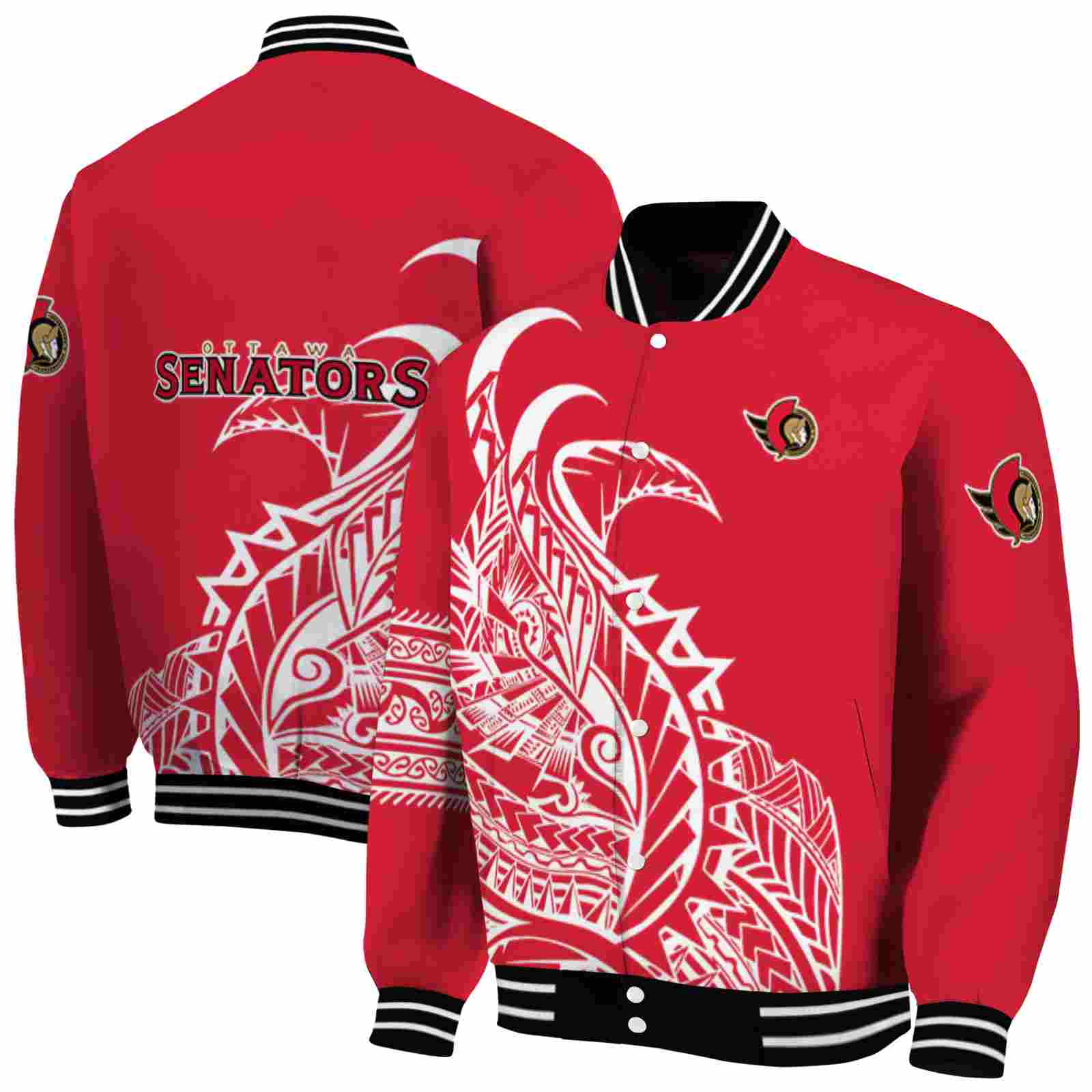 NHL Ottawa Senators Tribal Art Red White Black Custom Baseball Jacket Sport Fans Gear