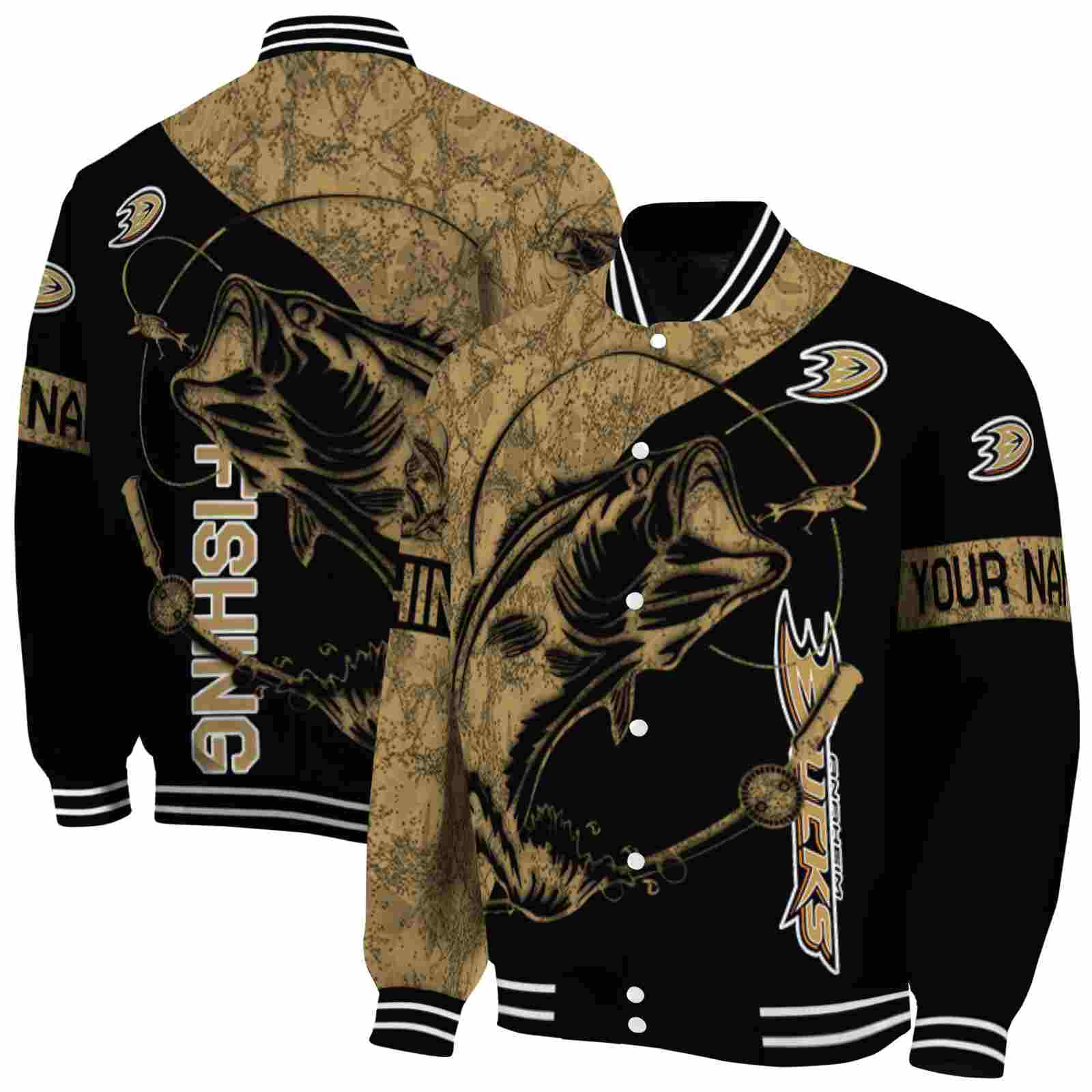 NHL Personalized Anaheim Ducks Fishing Rod Black Custom Baseball Jacket Sport Fans Gear