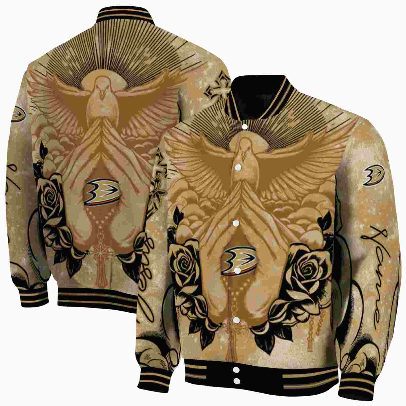 NHL Personalized Anaheim Ducks Praying Hands Gold Custom Baseball Jacket Sport Fans Gear