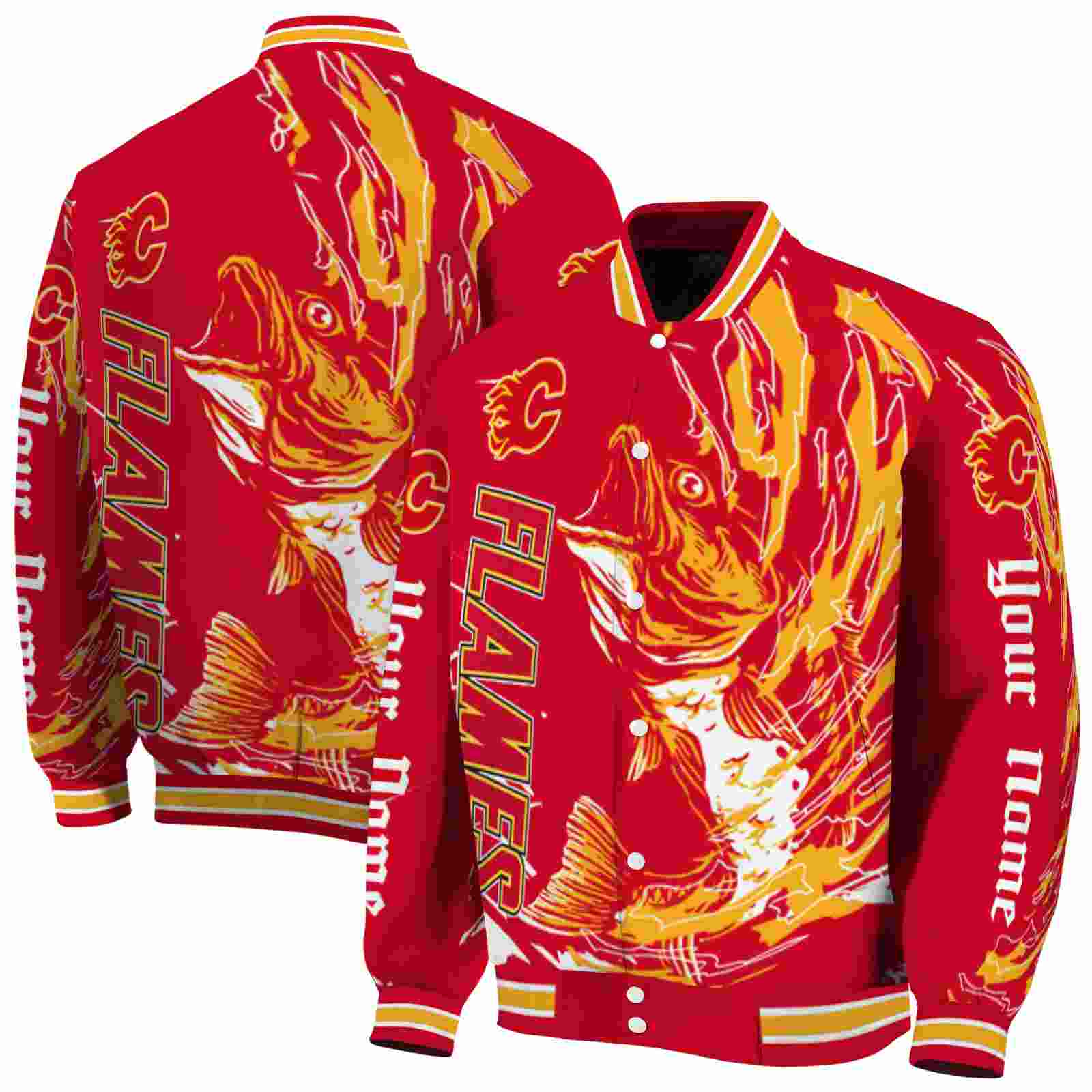 NHL Personalized Calgary Flames Fishing Passion Red White Custom Baseball Jacket Sport Fans Gear