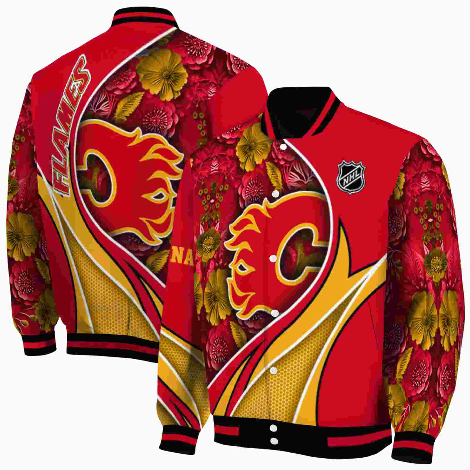 NHL Personalized Calgary Flames Floral Print Red Custom Baseball Jacket Sport Fans Gear