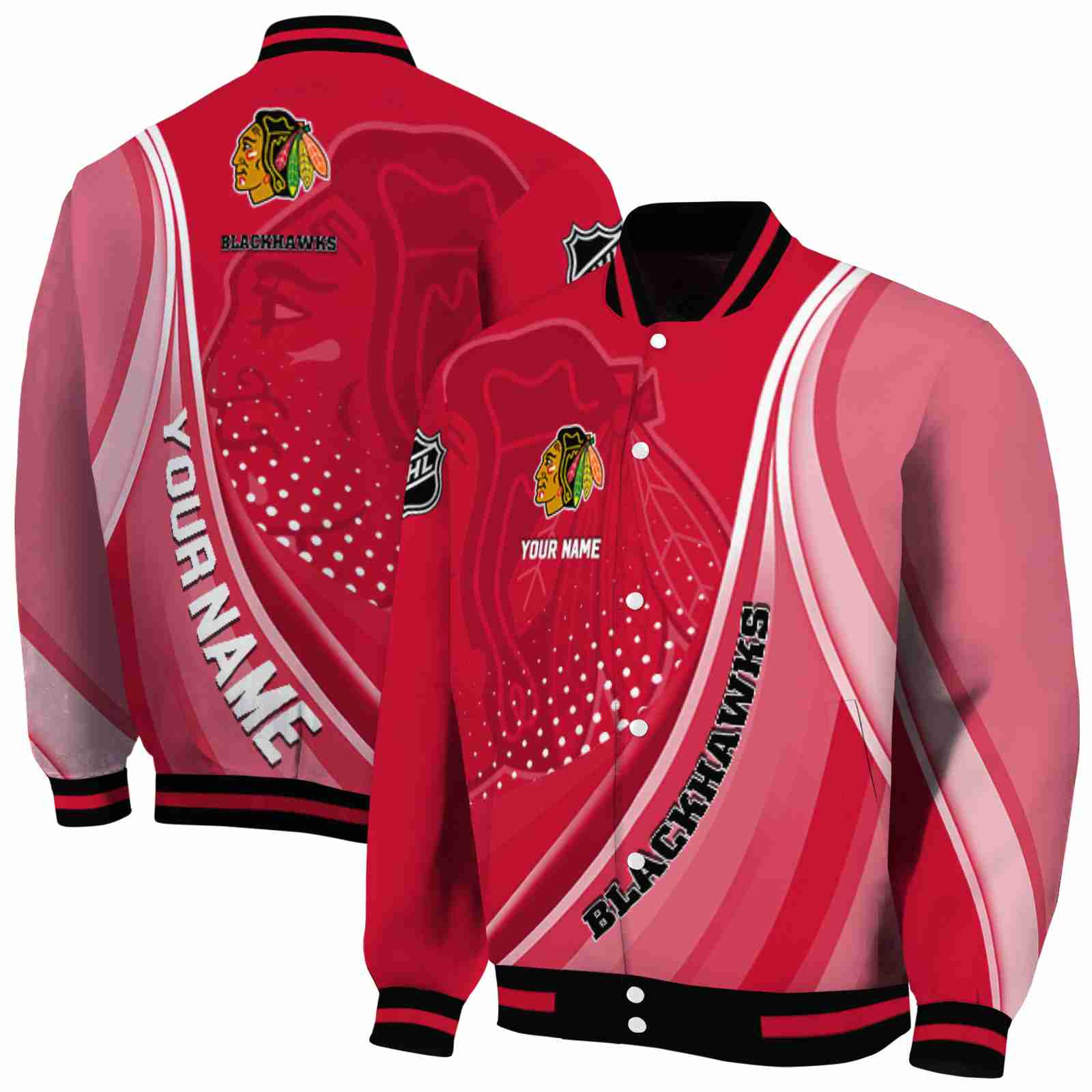 NHL Personalized Chicago Blackhawks Wave Patterns Red Custom Baseball Jacket Sport Fans Gear