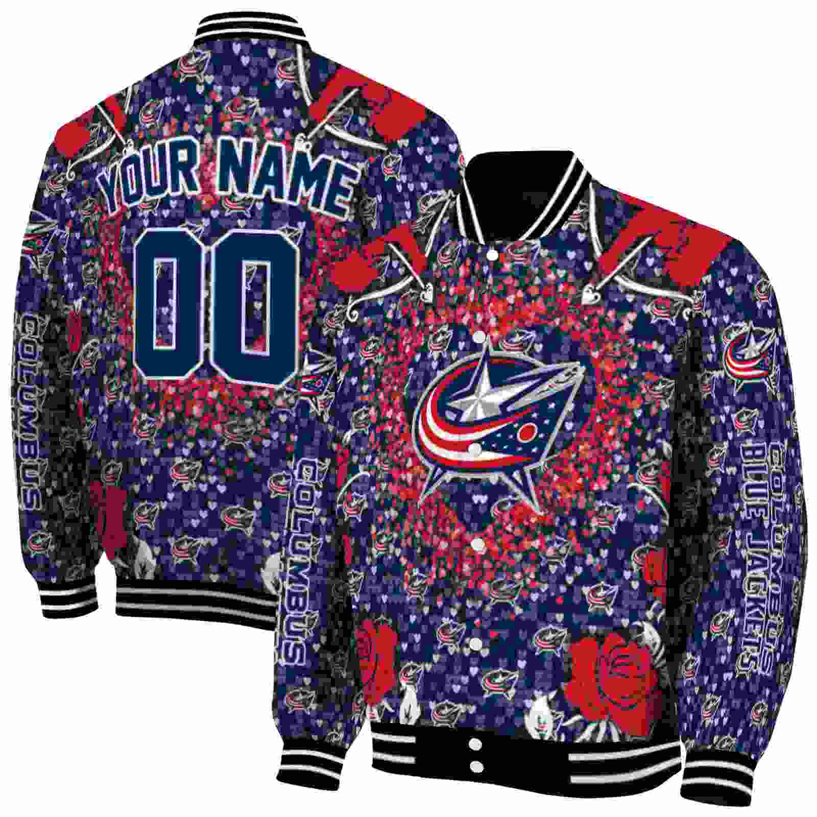 NHL Personalized Columbus Blue Custom Baseball Jacket Sport Fans Gears Heart Explosion Navy Blue Custom Baseball Jacket Sport Fans Gear