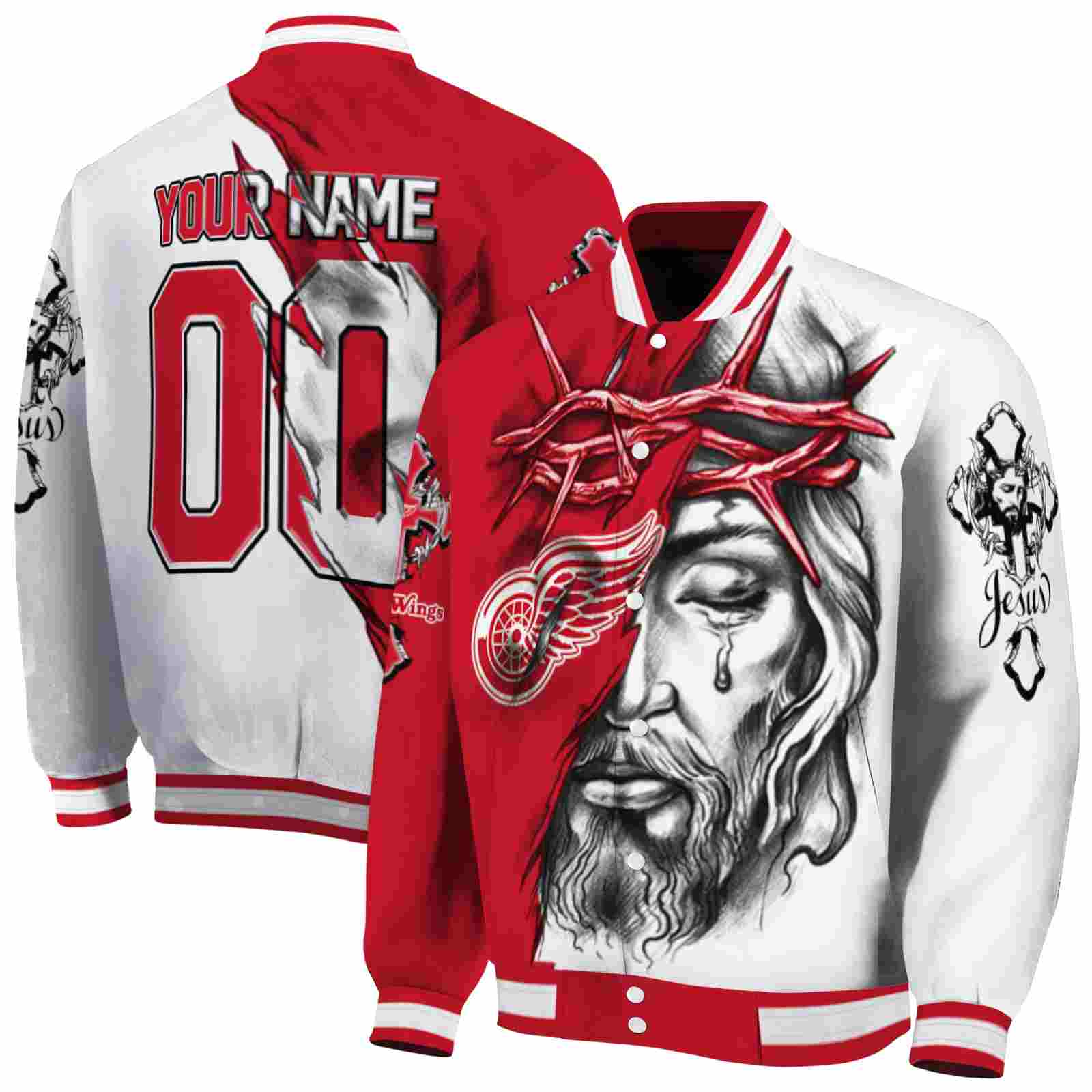 NHL Personalized Detroit Red Wings Jesus Tears Red White Custom Baseball Jacket Sport Fans Gear