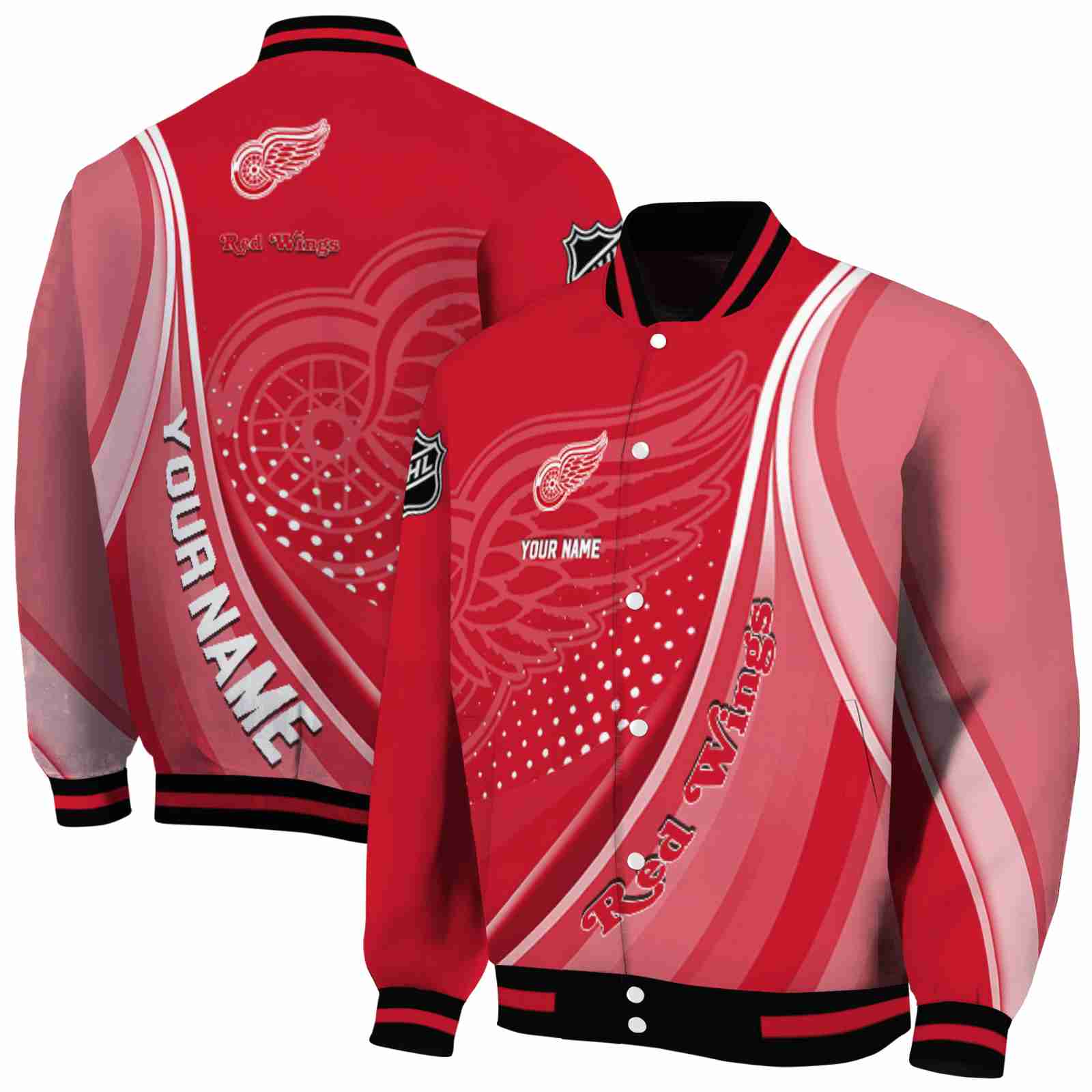 NHL Personalized Detroit Red Wings Wave Patterns Red Custom Baseball Jacket Sport Fans Gear