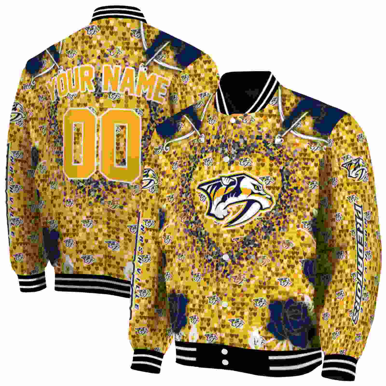 NHL Personalized Nashville Predators Heart Explosion Gold Custom Baseball Jacket Sport Fans Gear