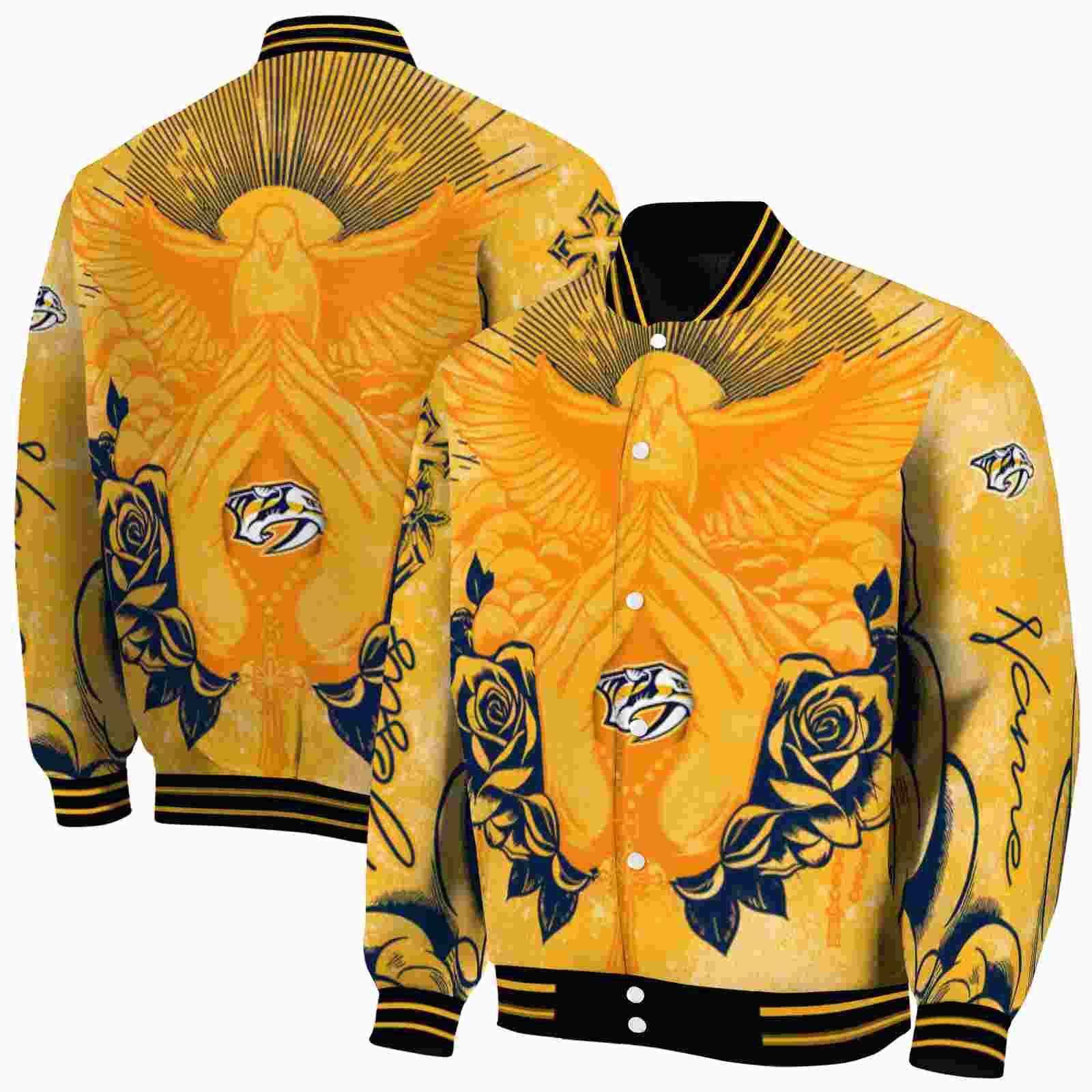 NHL Personalized Nashville Predators Praying Hands Gold Custom Baseball Jacket Sport Fans Gear