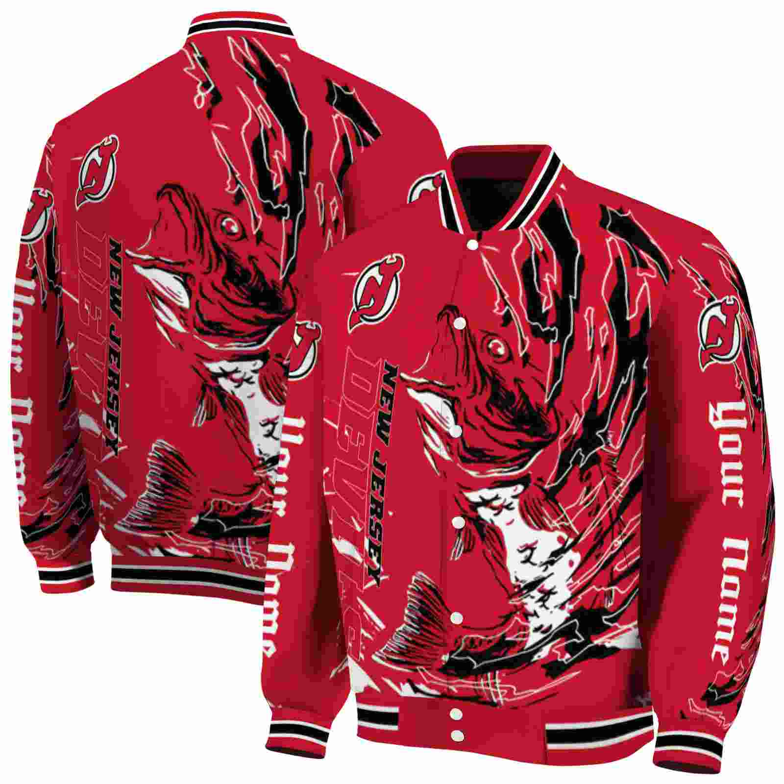 NHL Personalized New Jersey Devils Fishing Passion Red White Custom Baseball Jacket Sport Fans Gear