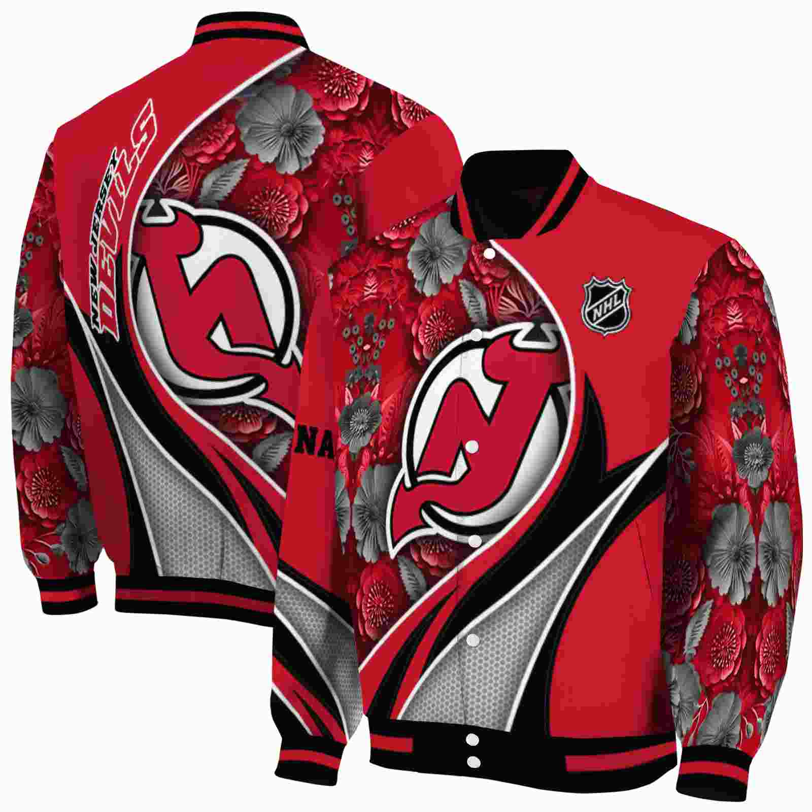 NHL Personalized New Jersey Devils Floral Print Red Custom Baseball Jacket Sport Fans Gear