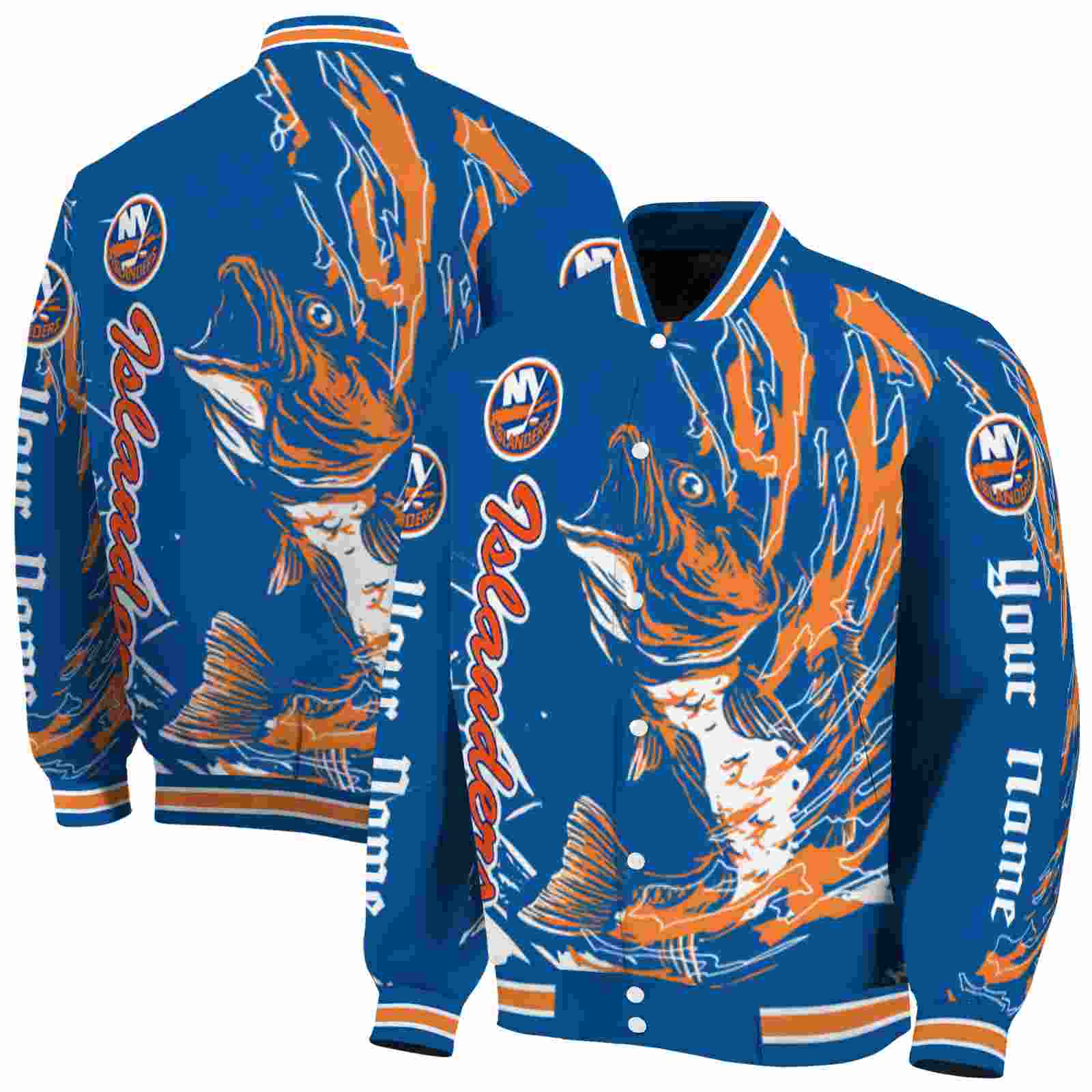 NHL Personalized New York Islanders Fishing Passion Blue White Custom Baseball Jacket Sport Fans Gear