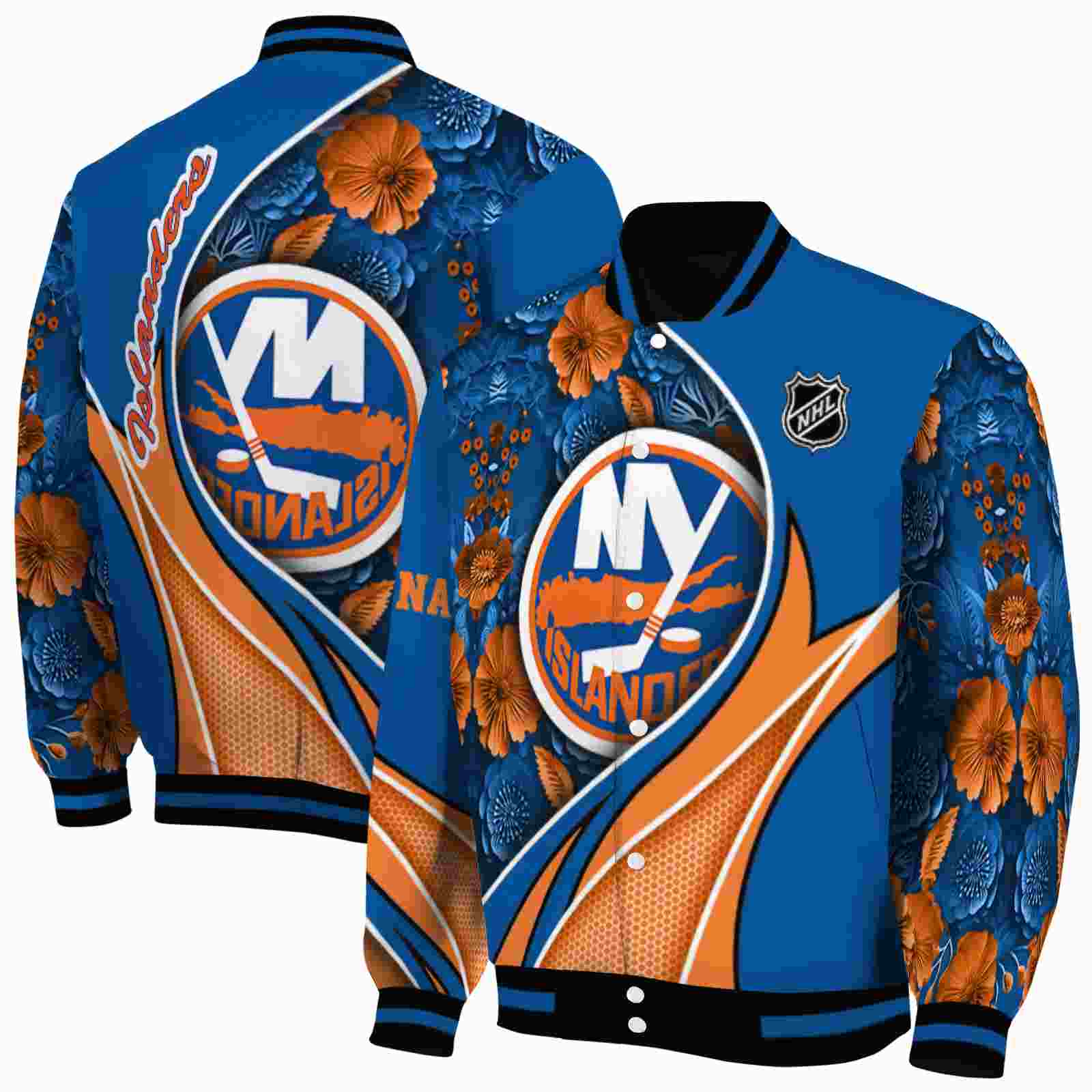 NHL Personalized New York Islanders Floral Print Blue Custom Baseball Jacket Sport Fans Gear
