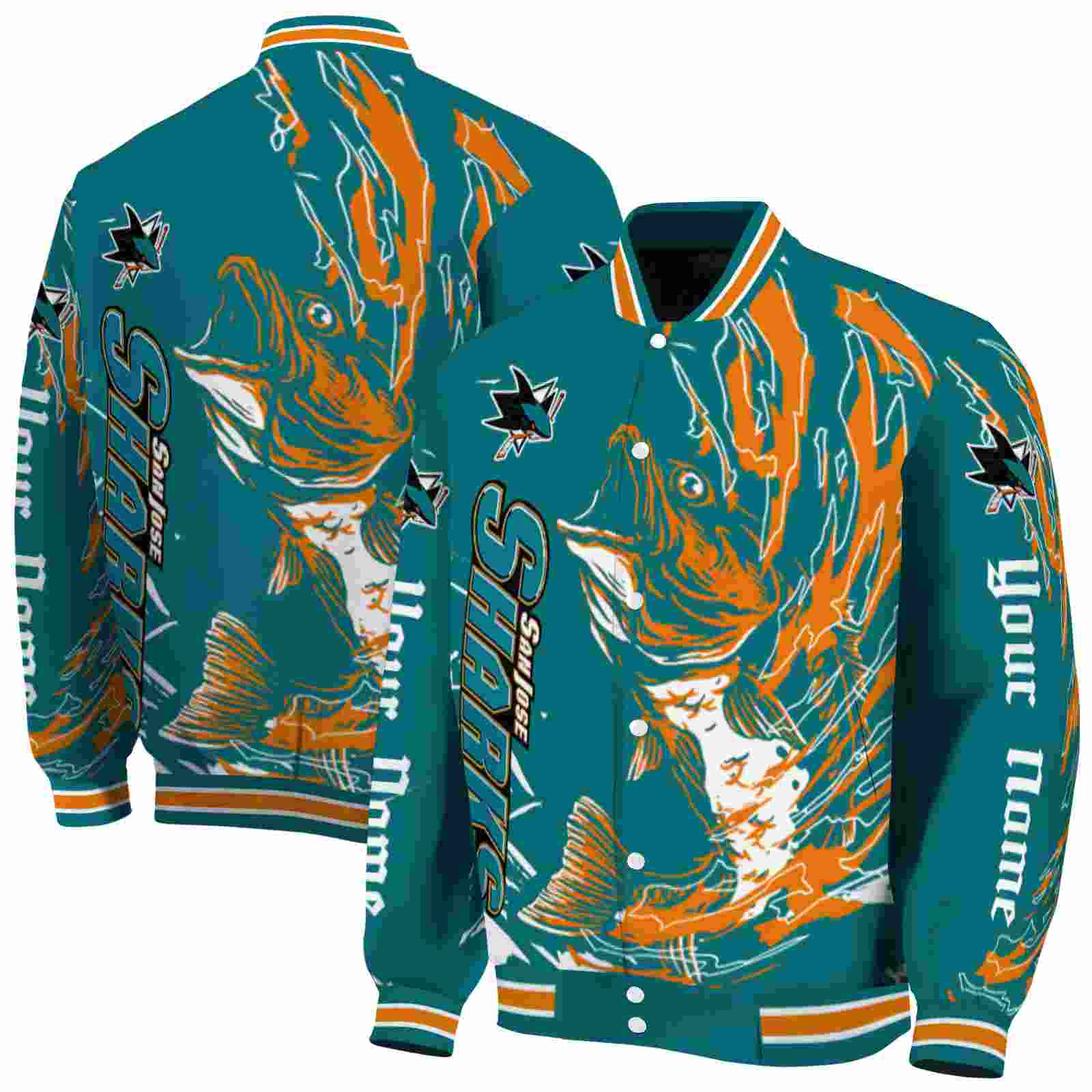 NHL Personalized San Jose Sharks Fishing Passion Teal White Custom Baseball Jacket Sport Fans Gear