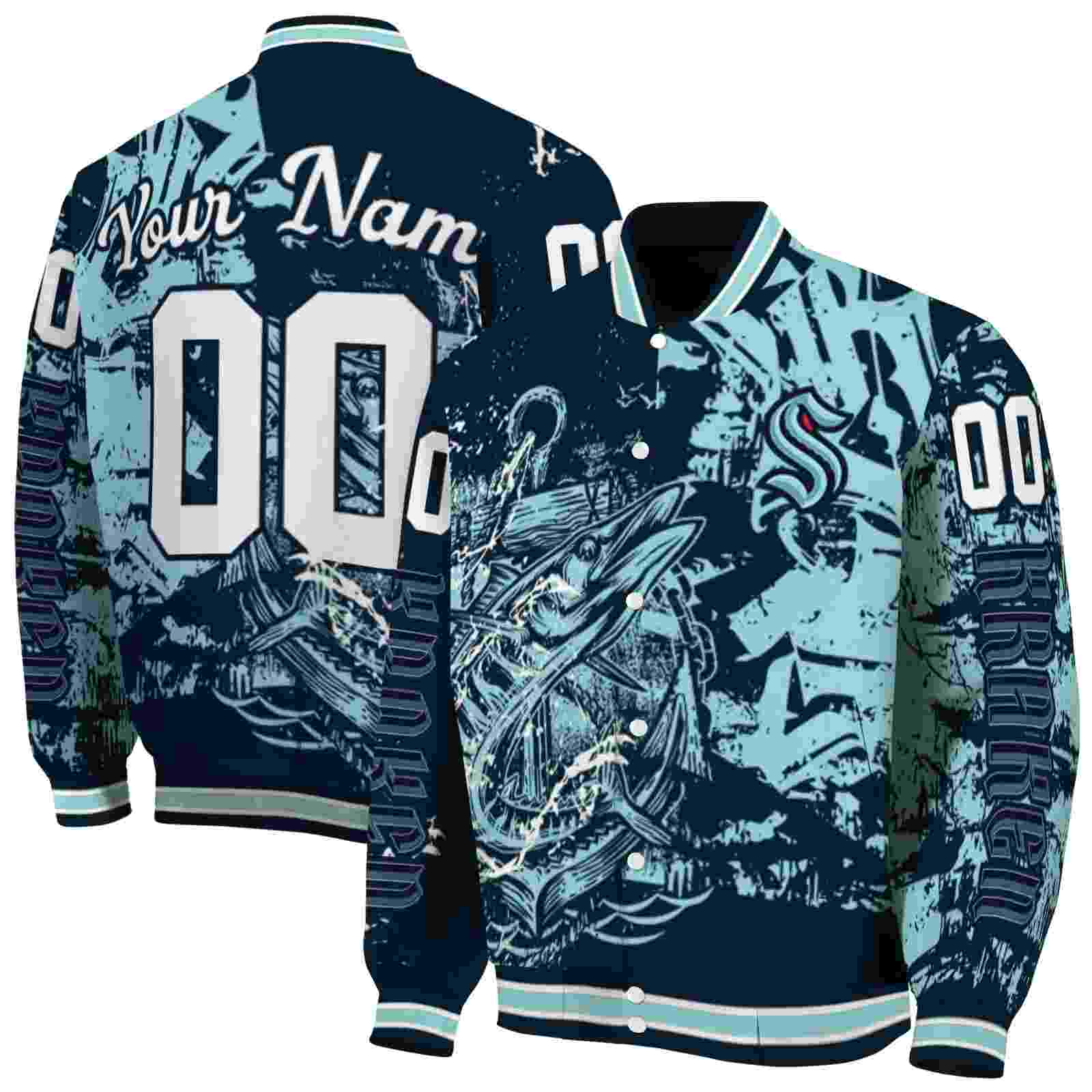 NHL Personalized Seattle Kraken Fishing Art Blue Custom Baseball Jacket Sport Fans Gear