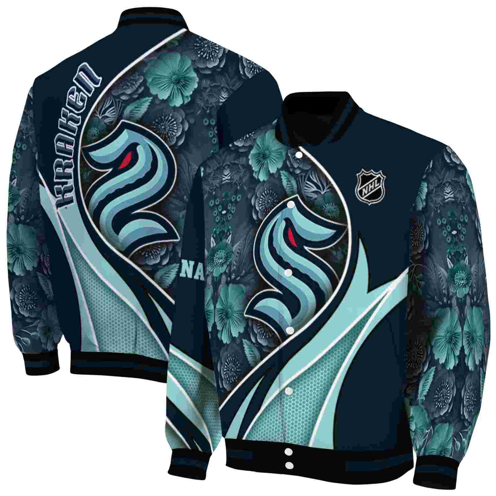 NHL Personalized Seattle Kraken Floral Print Blue Custom Baseball Jacket Sport Fans Gear
