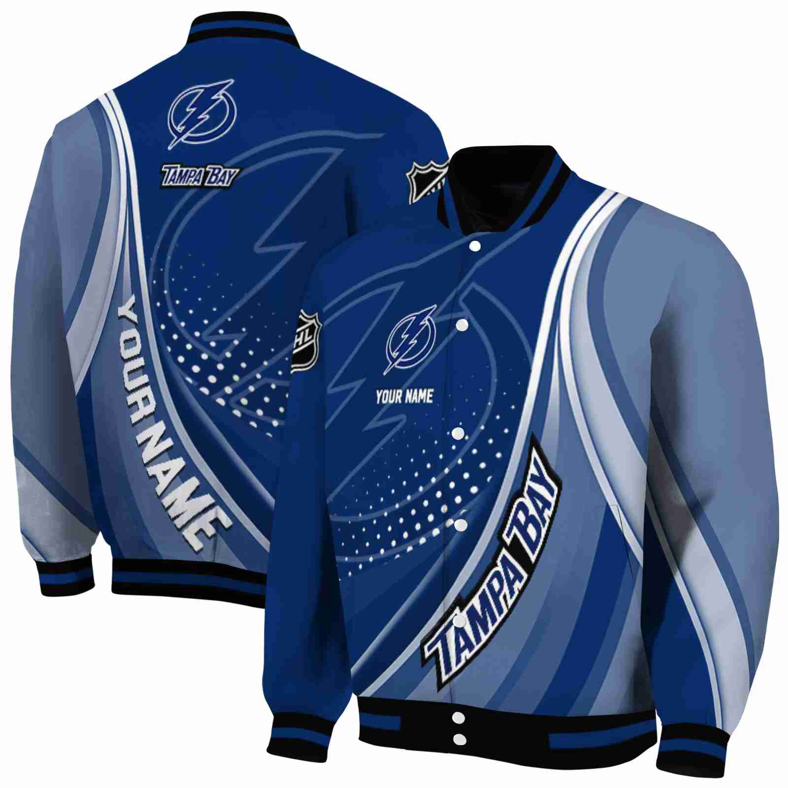 NHL Personalized Tampa Bay Lightning Wave Patterns Blue Custom Baseball Jacket Sport Fans Gear