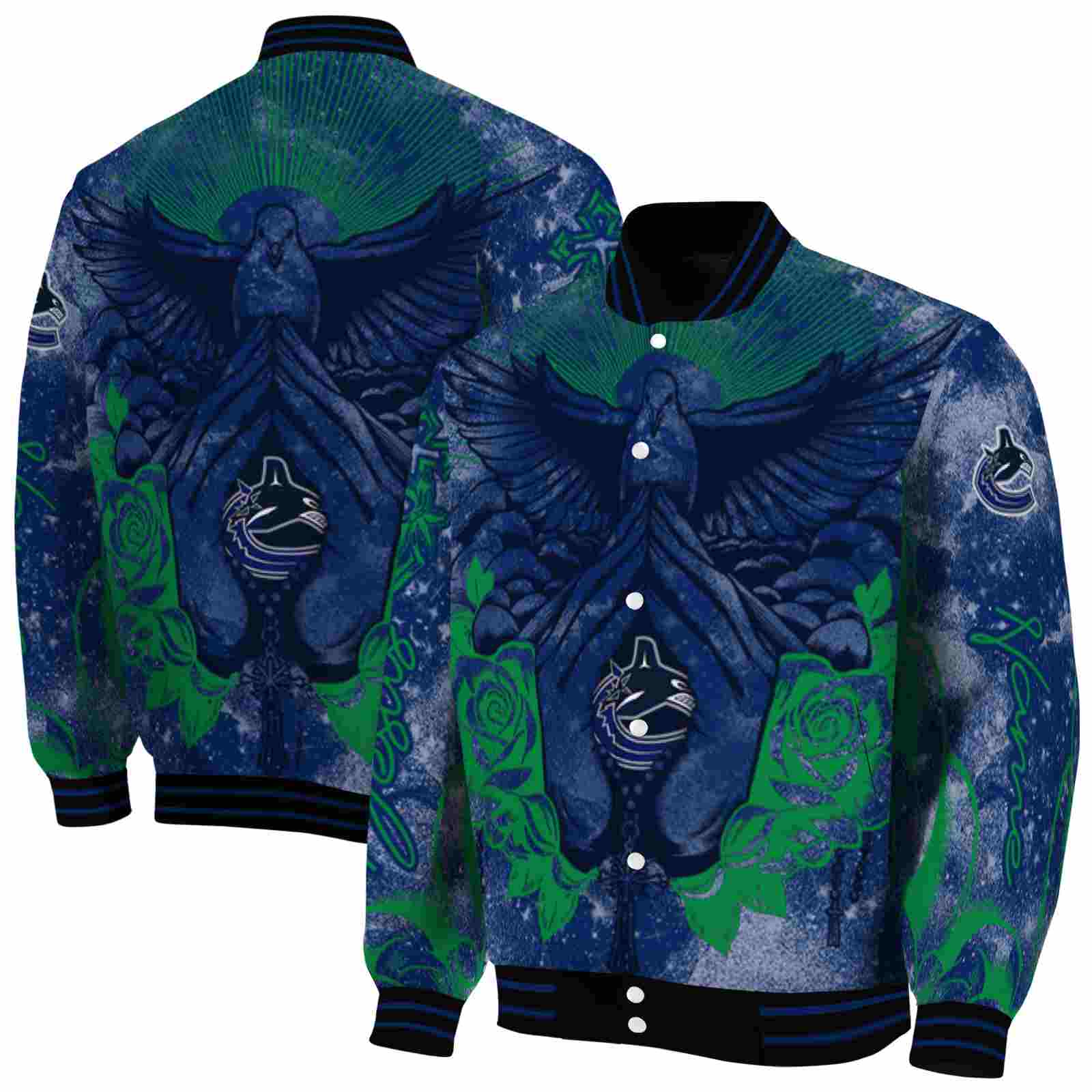 NHL Personalized Vancouver Canucks Praying Hands Blue Custom Baseball Jacket Sport Fans Gear