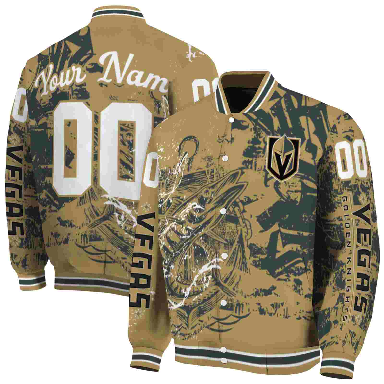 NHL Personalized Vegas Golden Knights Fishing Art Tan Custom Baseball Jacket Sport Fans Gear