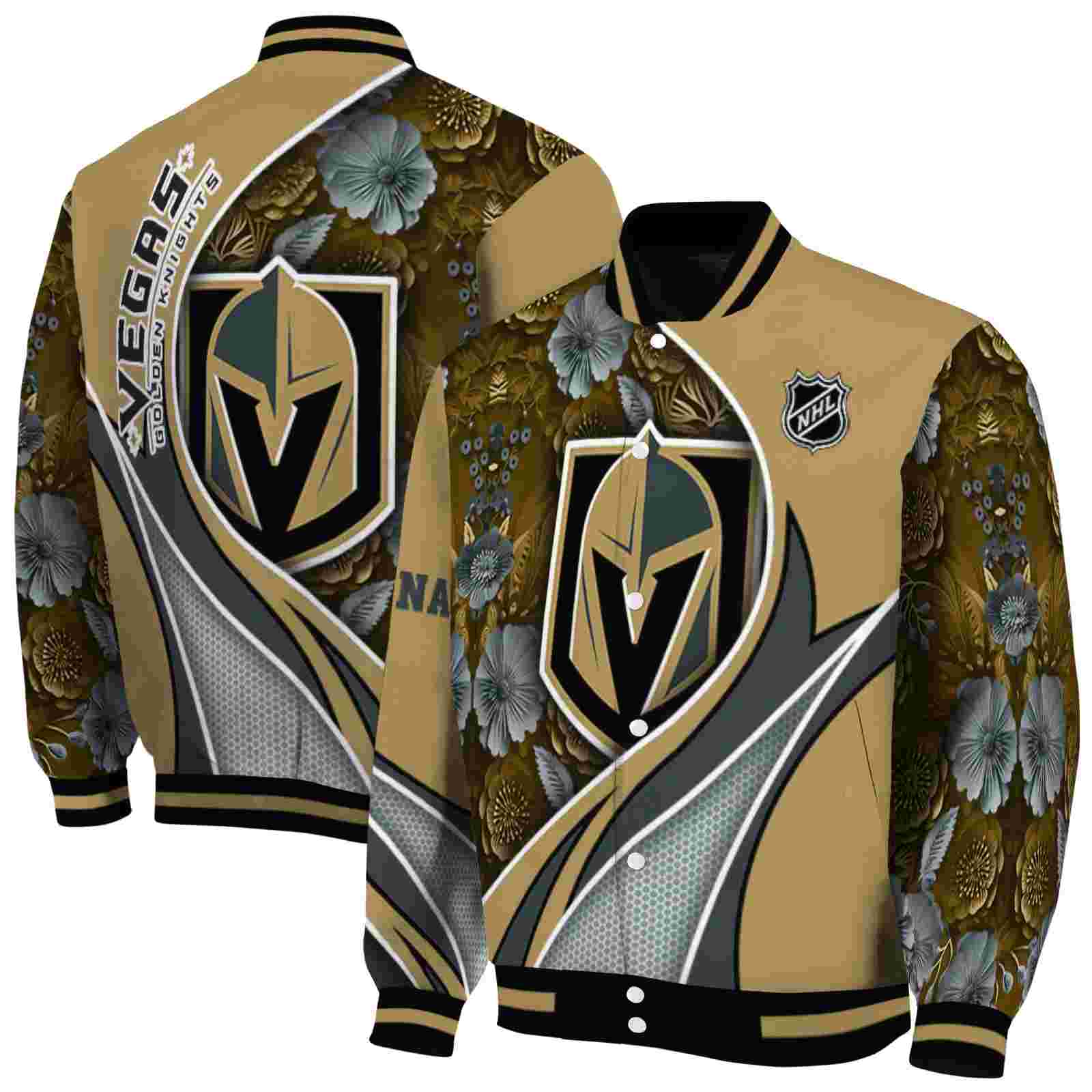 NHL Personalized Vegas Golden Knights Floral Print Tan Custom Baseball Jacket Sport Fans Gear