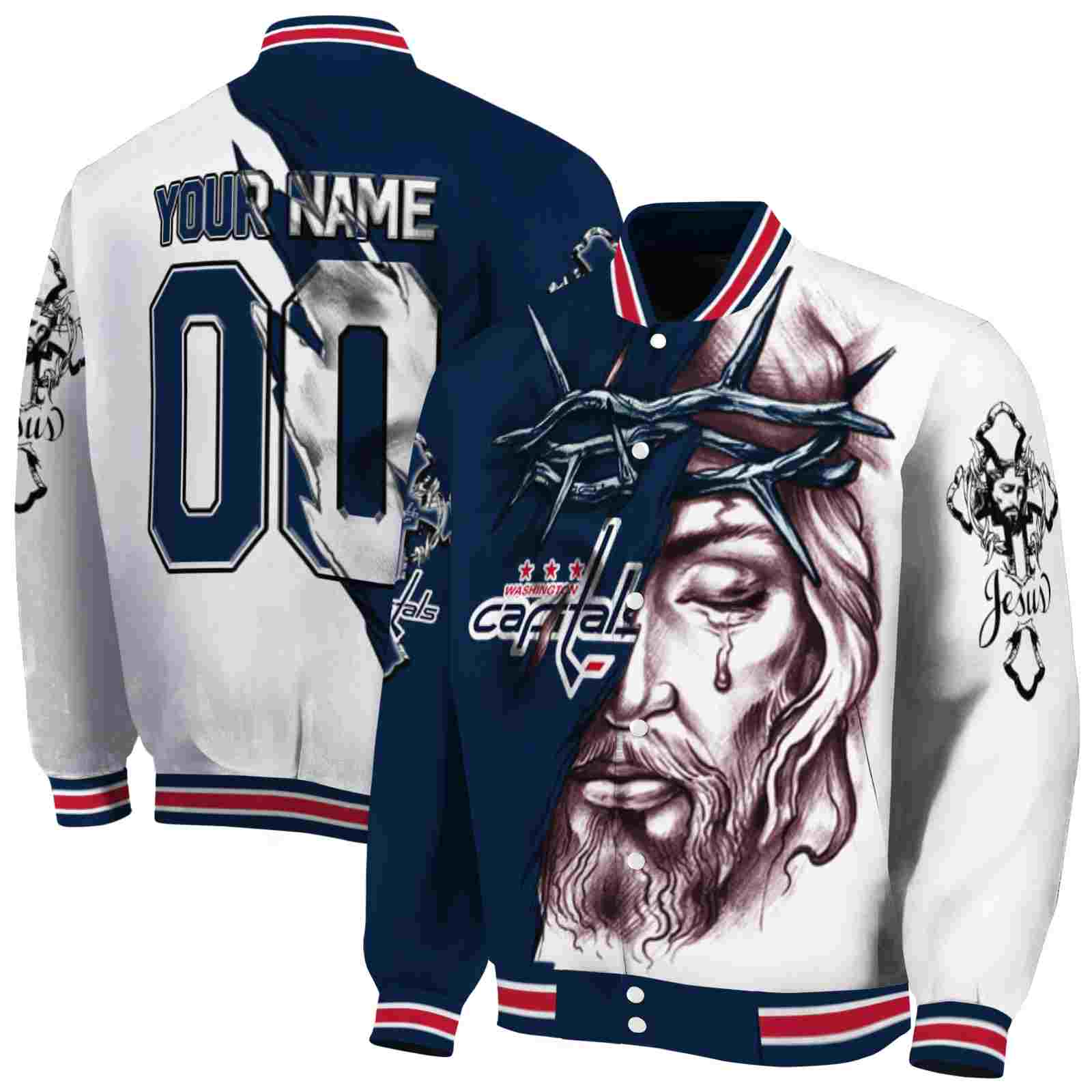 NHL Personalized Washington Capitals Jesus Tears Blue White Custom Baseball Jacket Sport Fans Gear