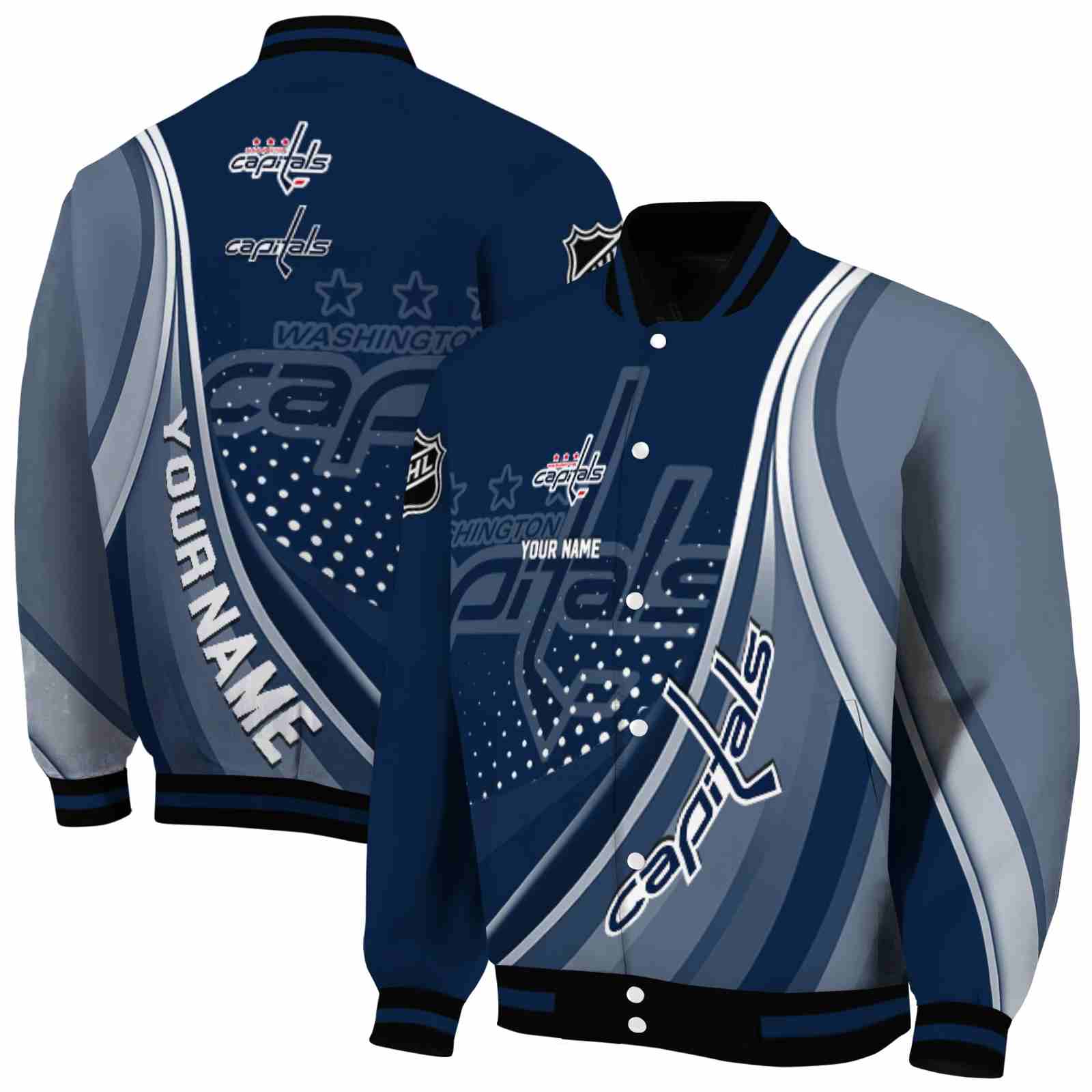 NHL Personalized Washington Capitals Wave Patterns Blue Custom Baseball Jacket Sport Fans Gear