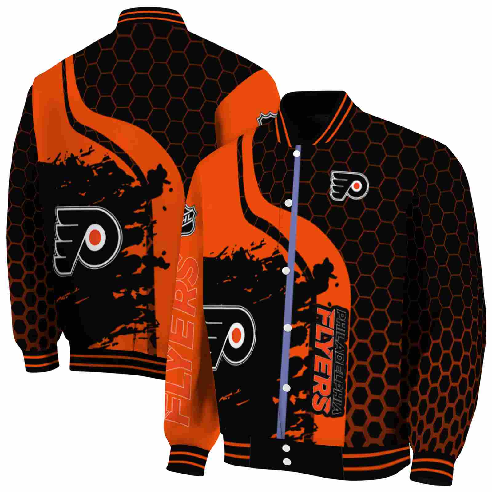 NHL Philadelphia Flyers Hexagonal Pattern Orange Black Custom Baseball Jacket Sport Fans Gear