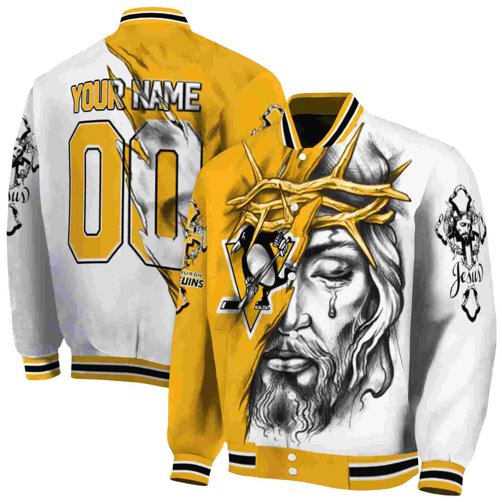 NHL Pittsburgh Penguins Jesus Tears Yellow White Custom Baseball Jacket Sport Fans Gear