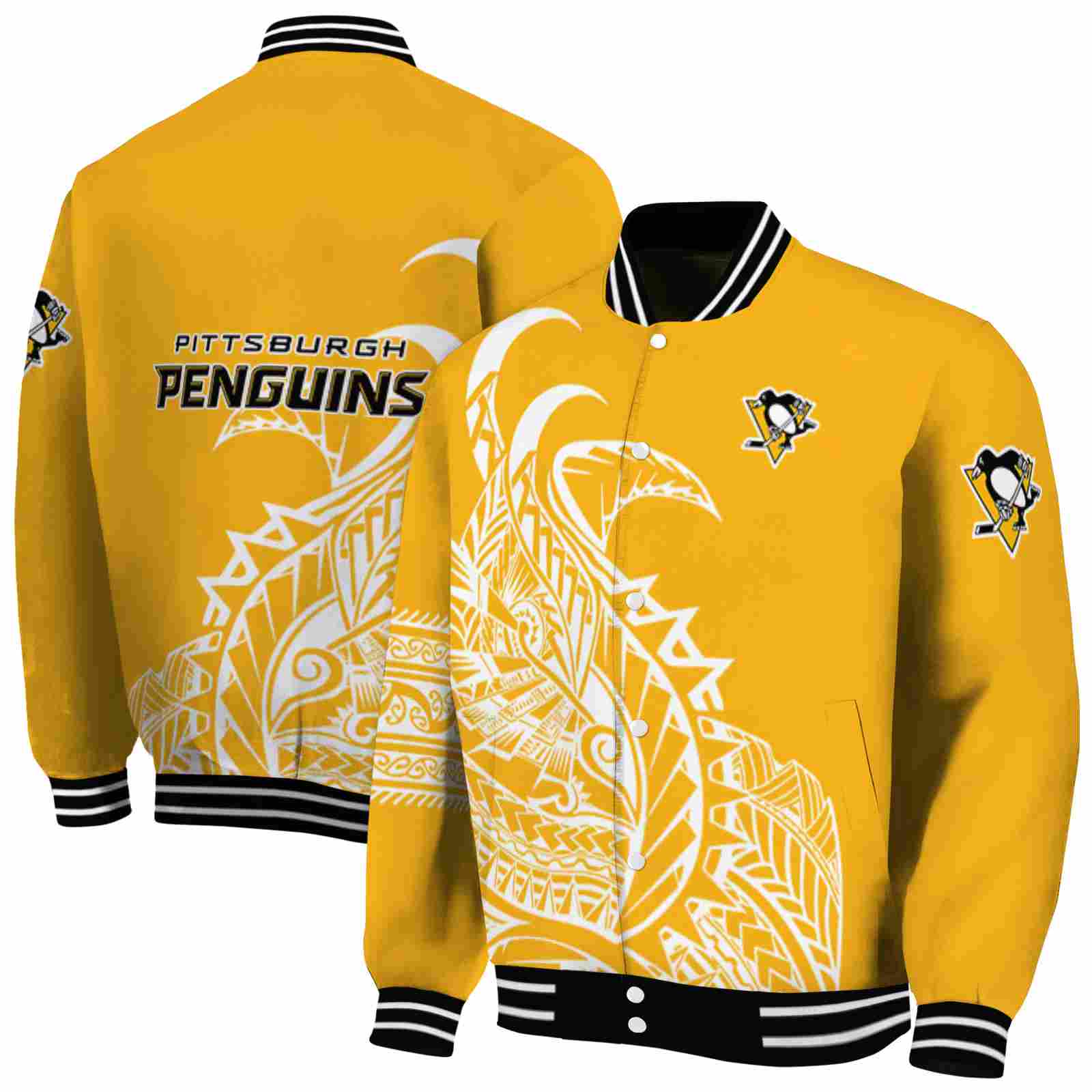 NHL Pittsburgh Penguins Tribal Art Yellow White Black Custom Baseball Jacket Sport Fans Gear