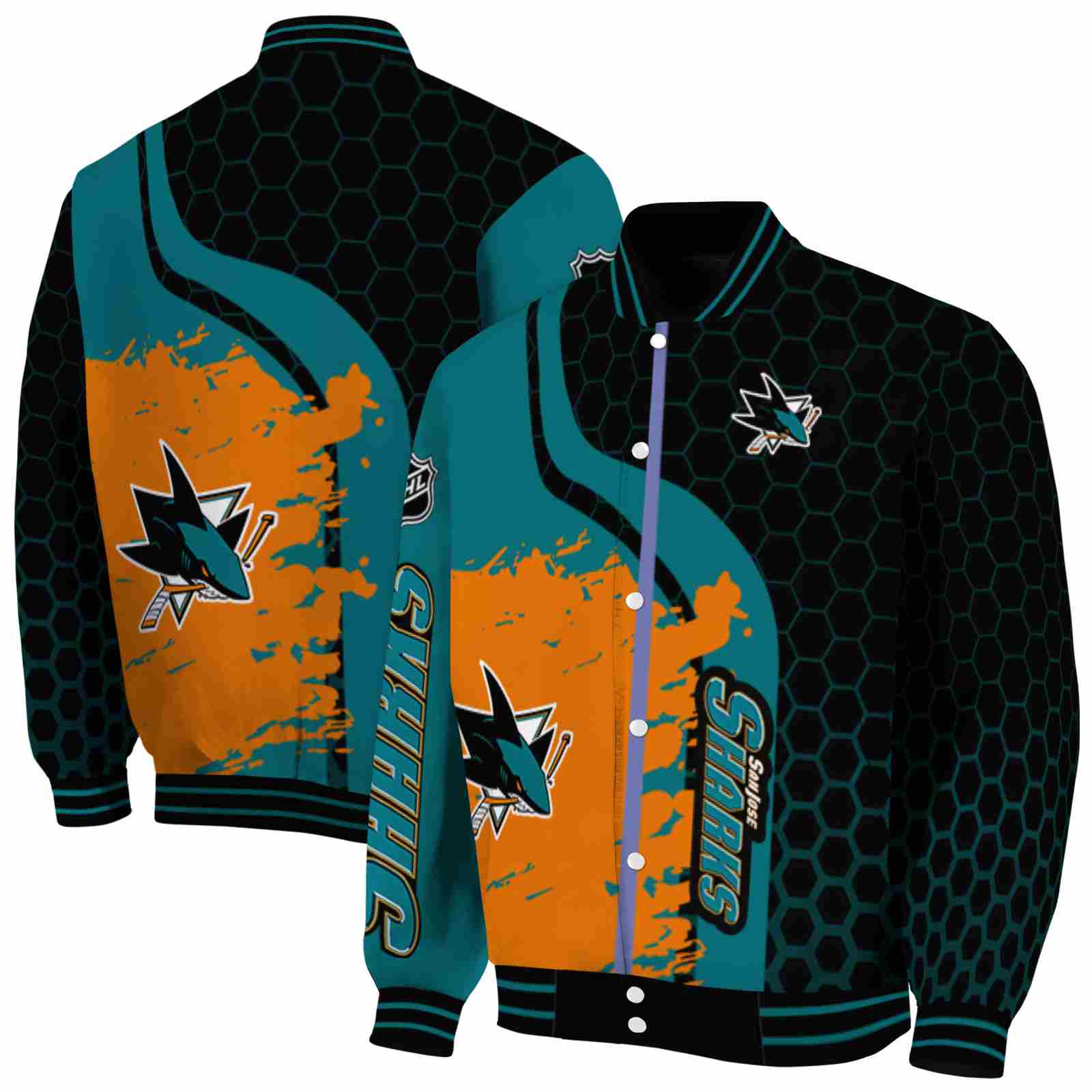 NHL San Jose Sharks Hexagonal Pattern Teal Black Custom Baseball Jacket Sport Fans Gear