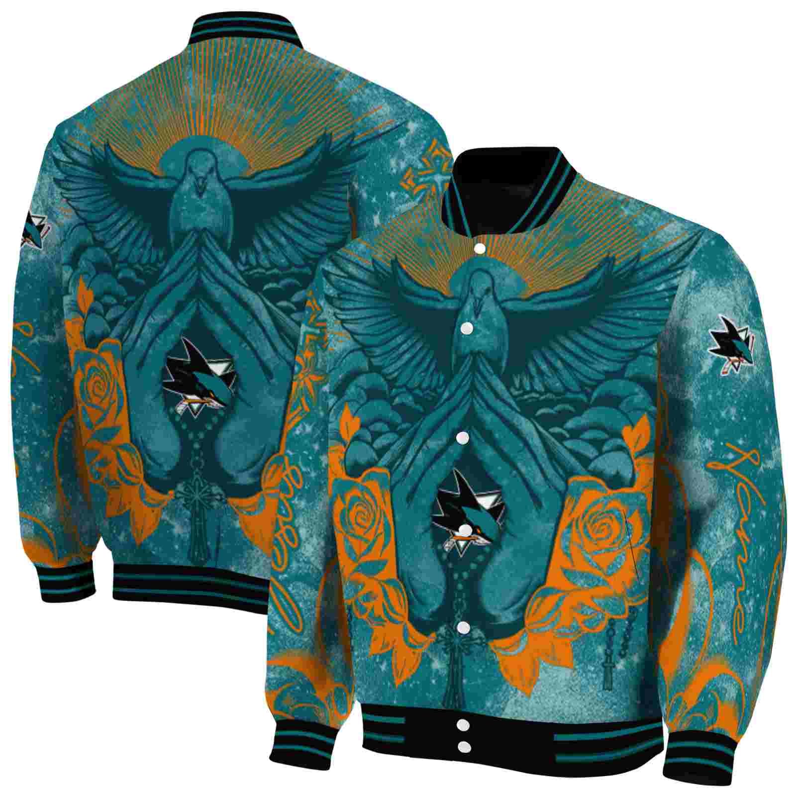 NHL San Jose Sharks Praying Hands Teal Custom Baseball Jacket Sport Fans Gear
